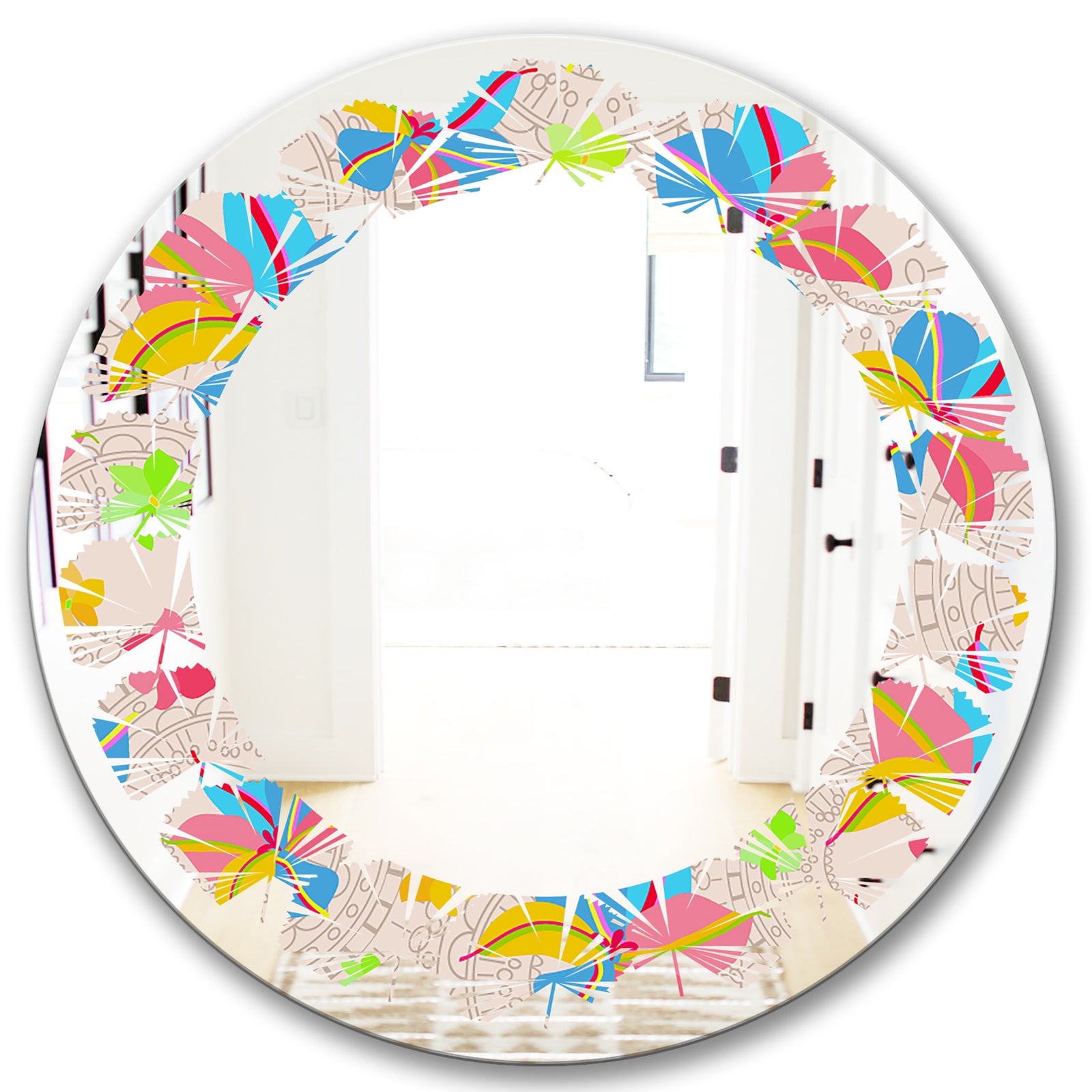 Retro Pink Yellow Flowers - Modern Round or Oval Wall Mirror - Leaves
