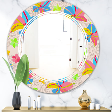 Retro Pink Yellow Flowers - Modern Round or Oval Wall Mirror - Triple C