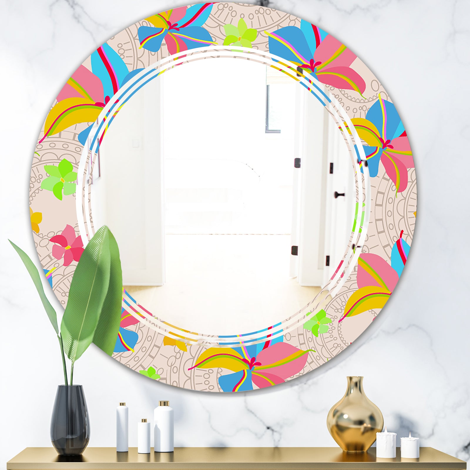 Retro Pink Yellow Flowers - Modern Round or Oval Wall Mirror - Triple C
