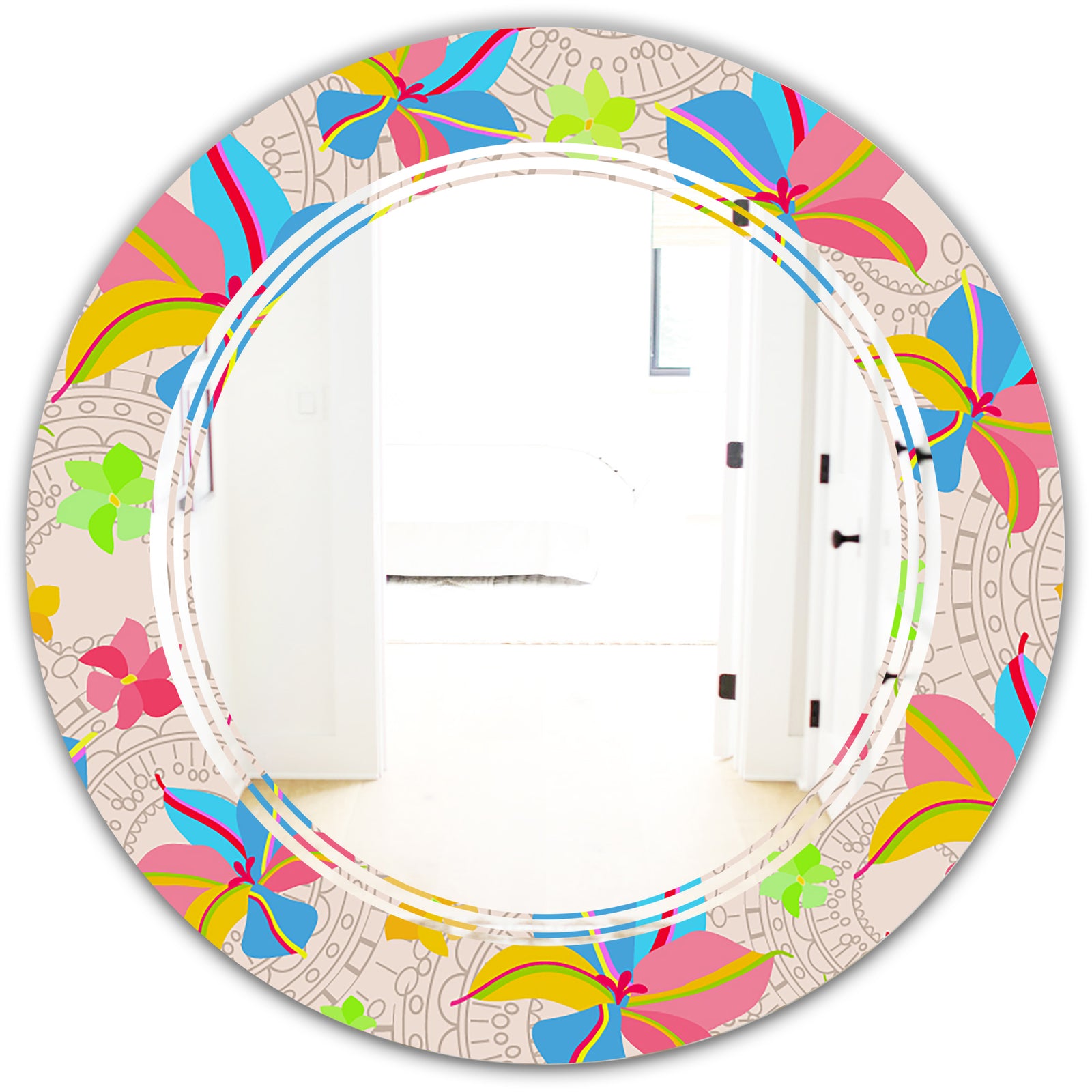 Retro Pink Yellow Flowers - Modern Round or Oval Wall Mirror - Triple C