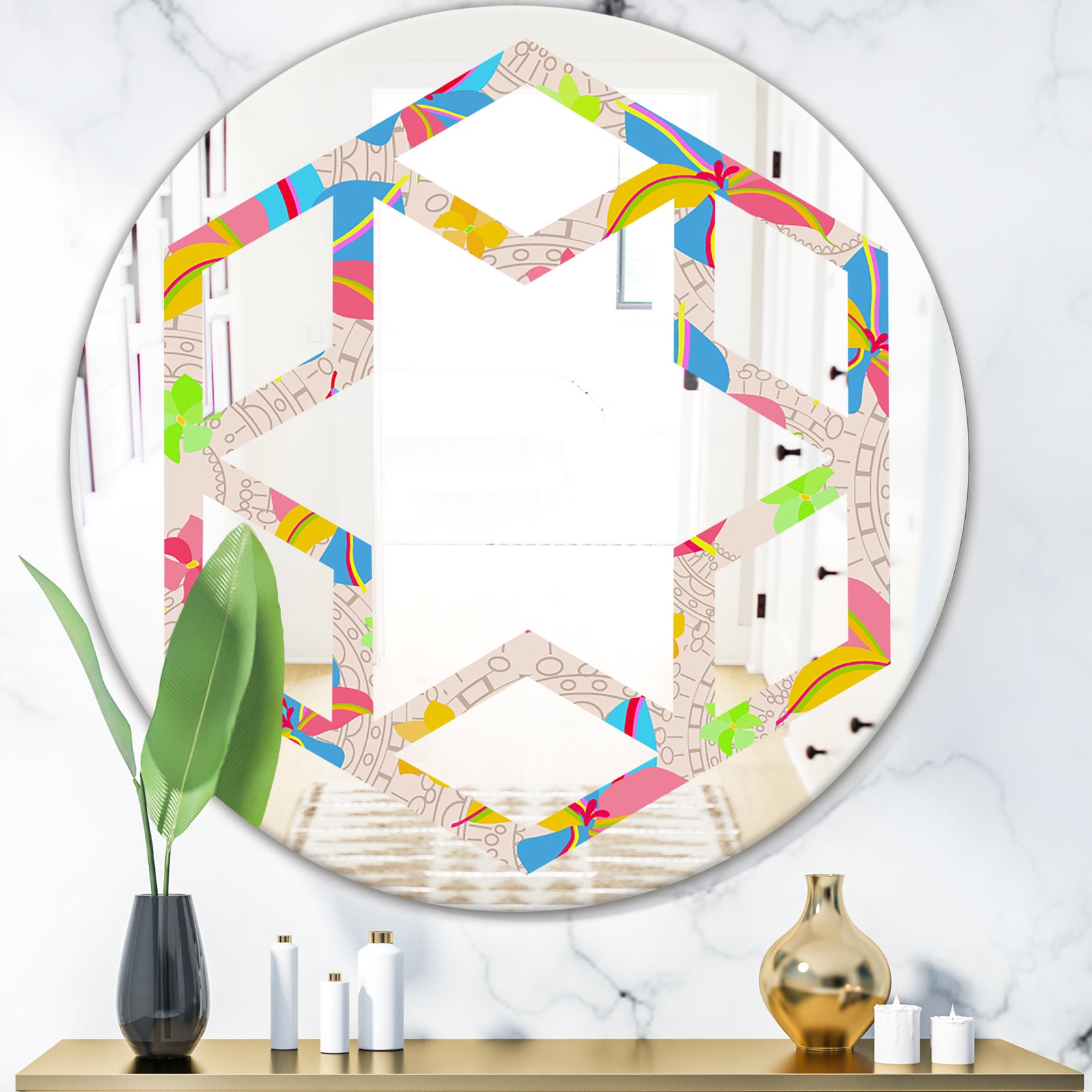 Retro Pink Yellow Flowers - Modern Round or Oval Wall Mirror - Hexagon Star