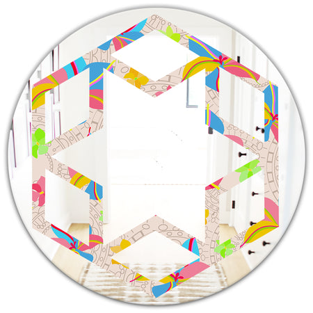 Retro Pink Yellow Flowers - Modern Round or Oval Wall Mirror - Hexagon Star
