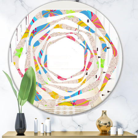 Retro Pink Yellow Flowers - Modern Round or Oval Wall Mirror - Whirl