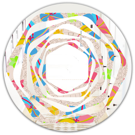 Retro Pink Yellow Flowers - Modern Round or Oval Wall Mirror - Whirl