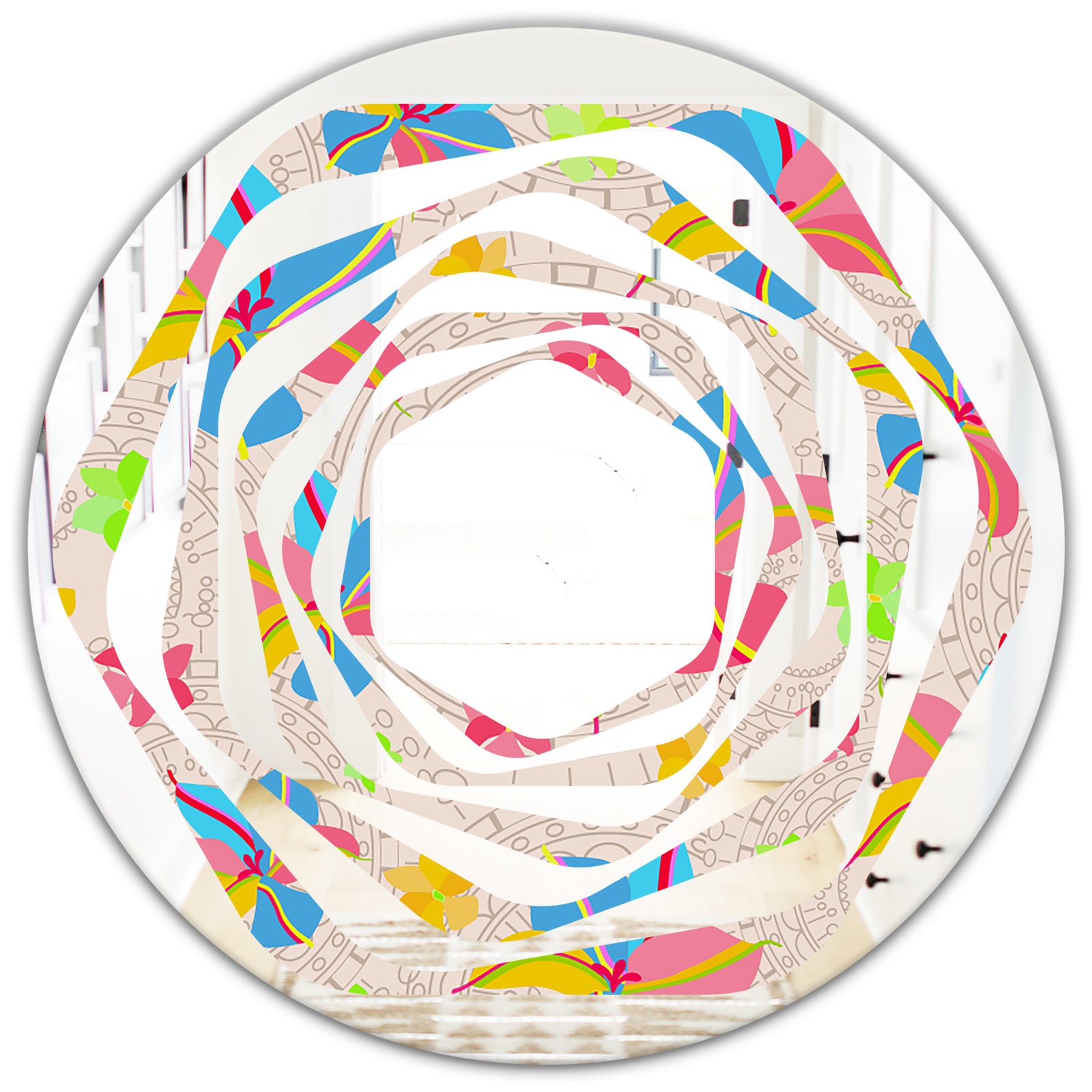 Retro Pink Yellow Flowers - Modern Round or Oval Wall Mirror - Whirl