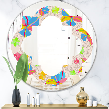 Retro Pink Yellow Flowers - Modern Round or Oval Wall Mirror - Quatrefoil