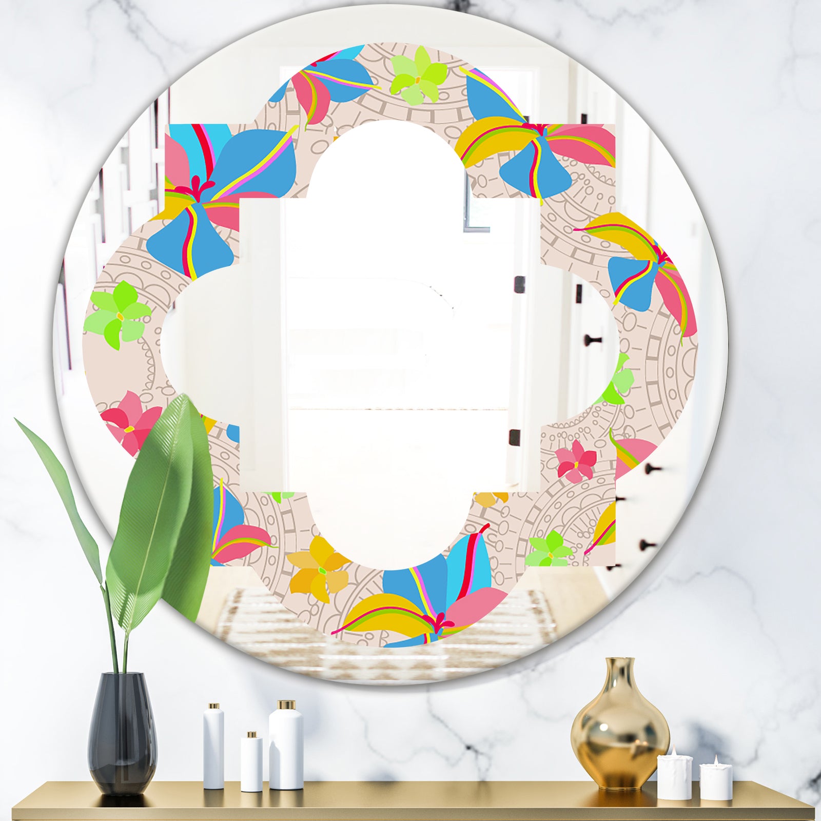 Retro Pink Yellow Flowers - Modern Round or Oval Wall Mirror - Quatrefoil