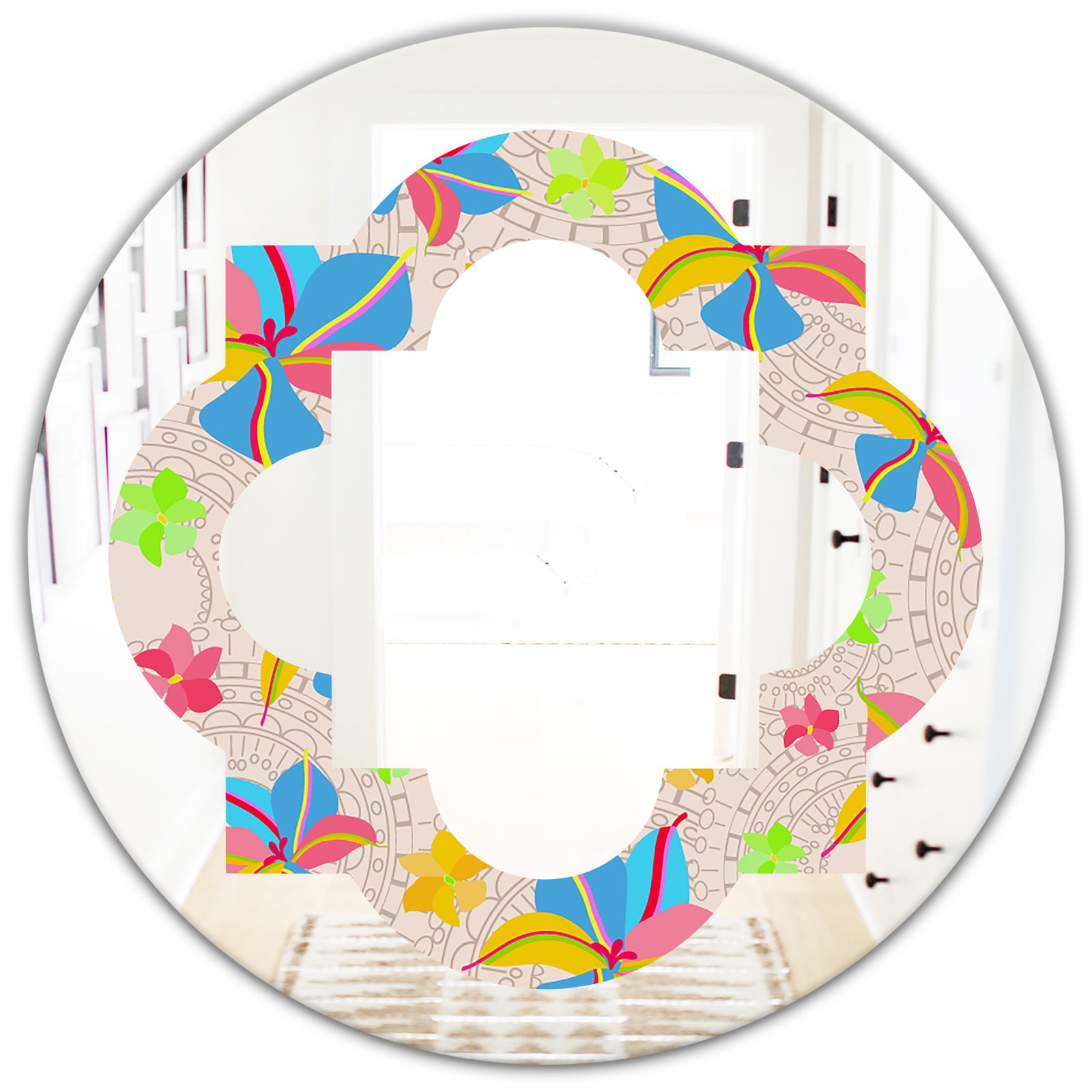 Retro Pink Yellow Flowers - Modern Round or Oval Wall Mirror - Quatrefoil