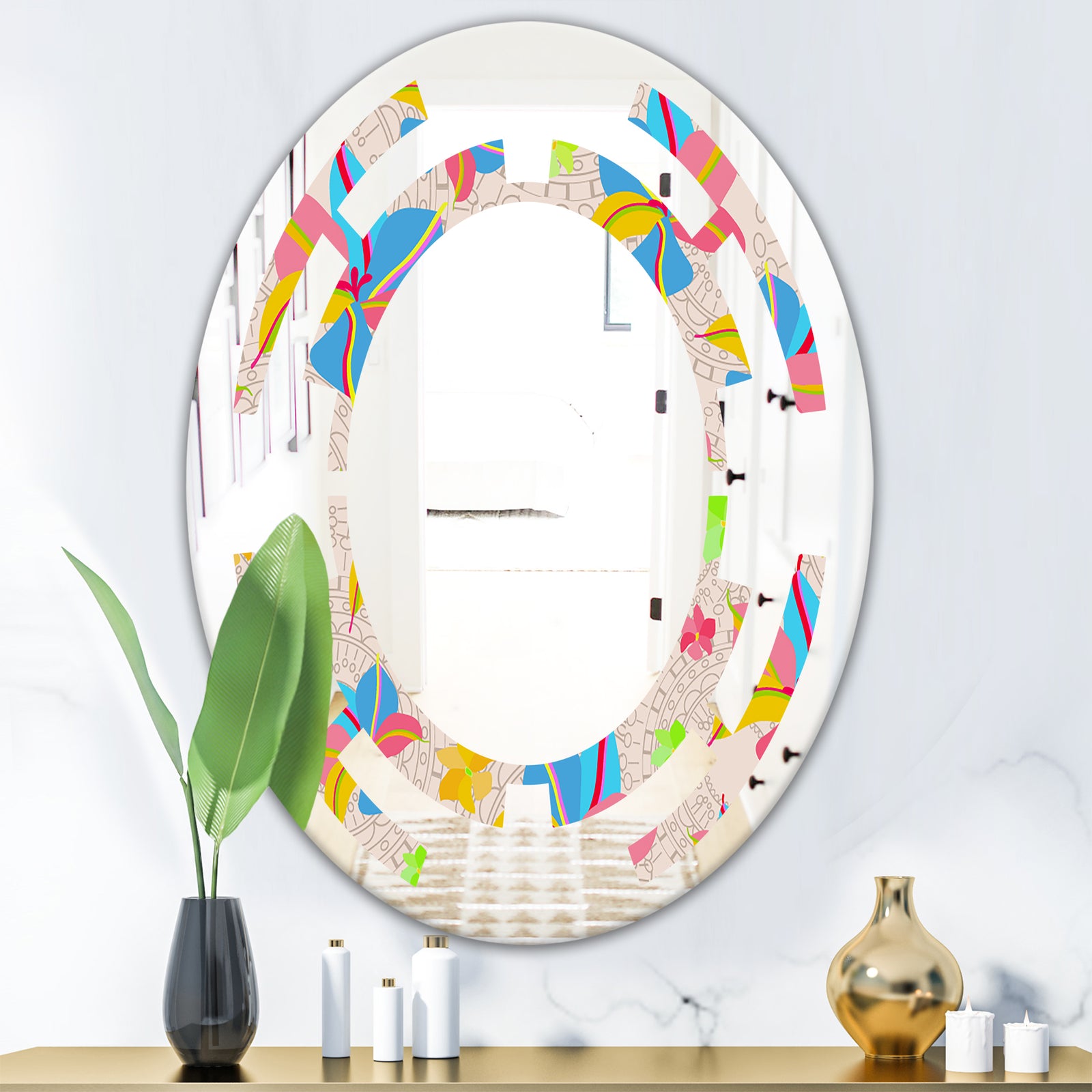 Retro Pink Yellow Flowers - Modern Round or Oval Wall Mirror - Space