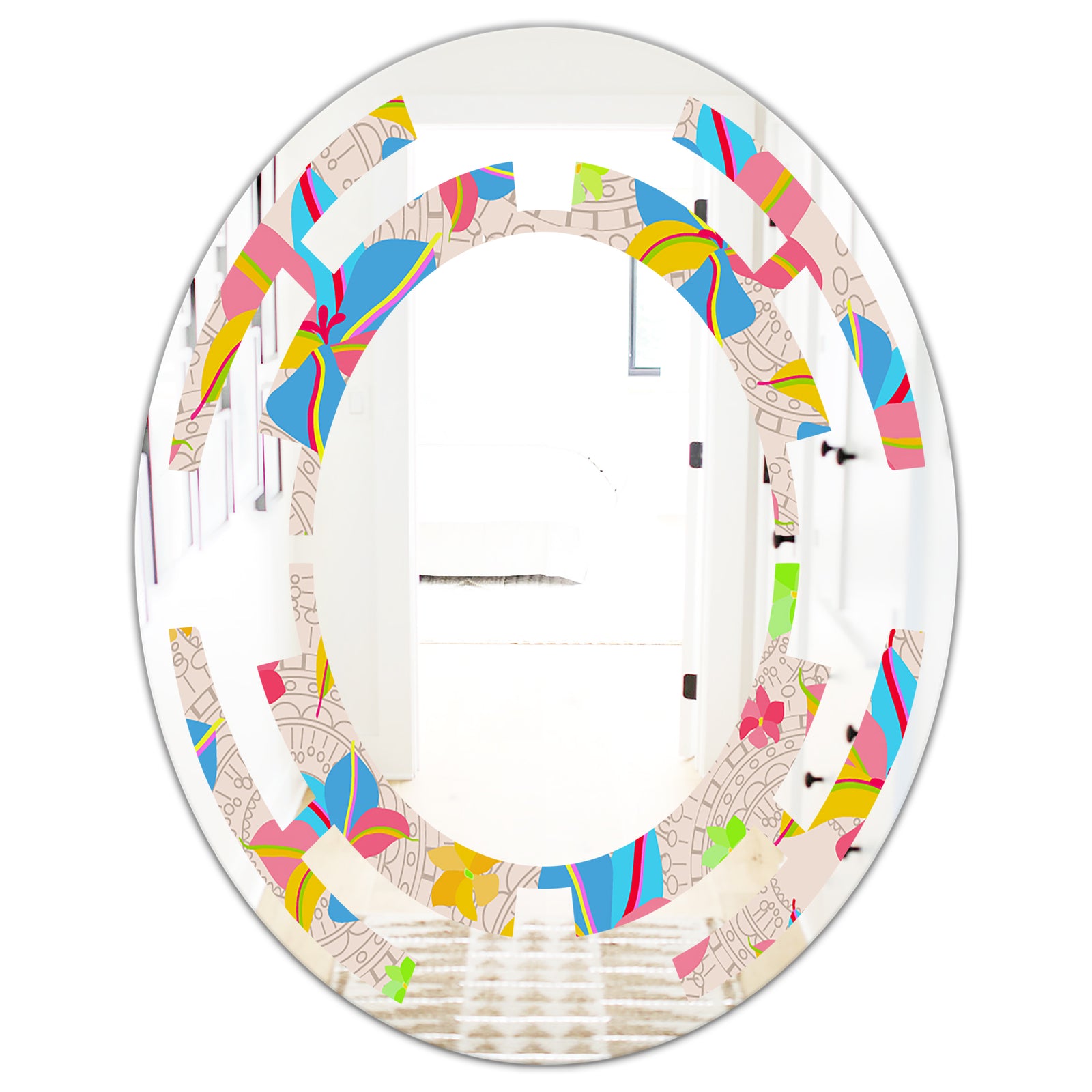 Retro Pink Yellow Flowers - Modern Round or Oval Wall Mirror - Space