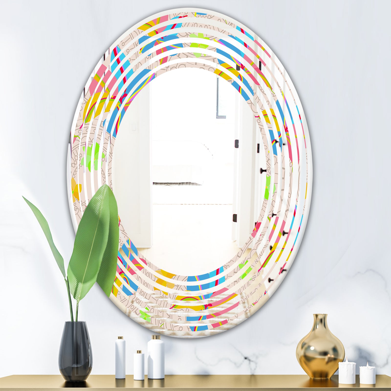 Retro Pink Yellow Flowers - Modern Round or Oval Wall Mirror - Wave