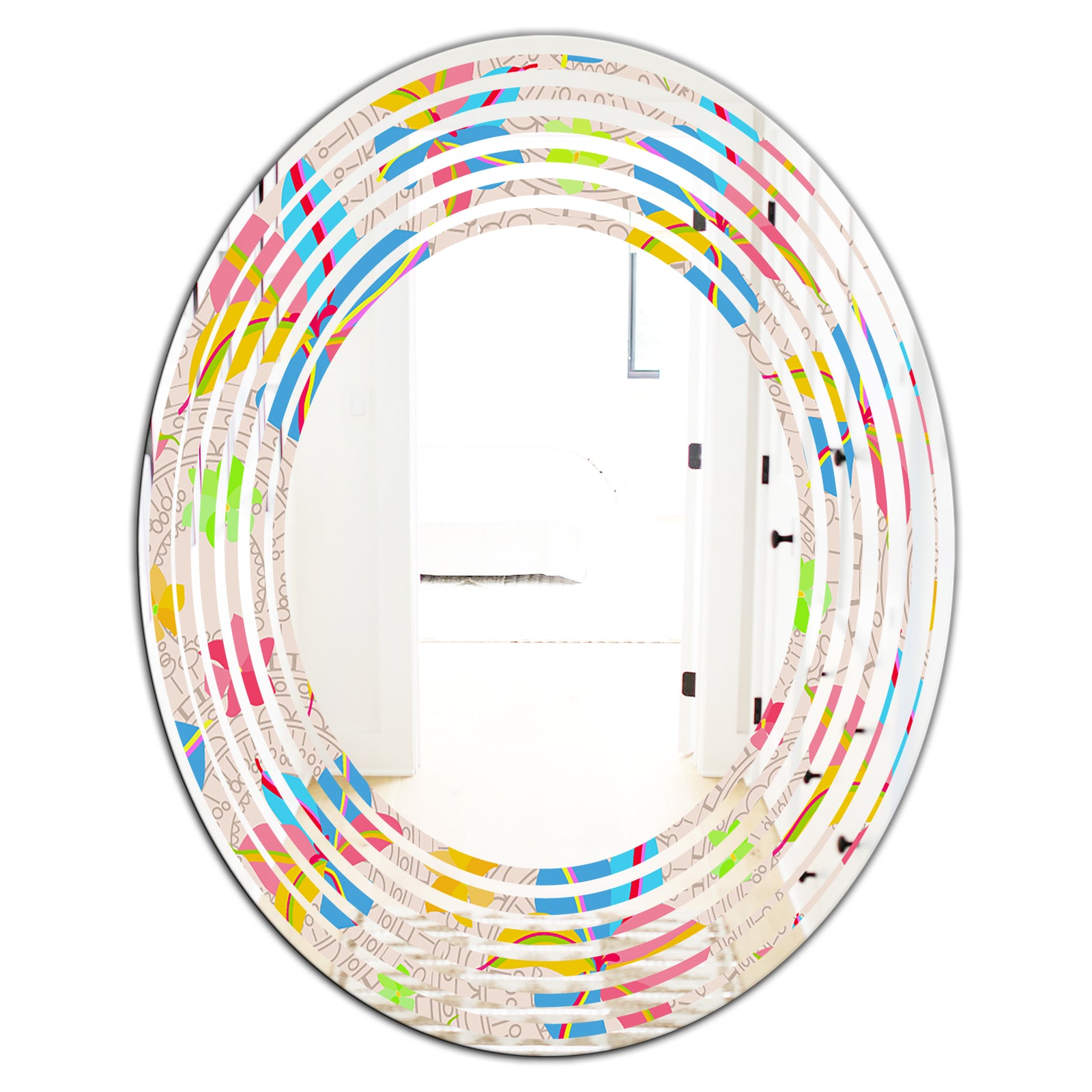 Retro Pink Yellow Flowers - Modern Round or Oval Wall Mirror - Wave