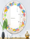 Retro Pink Yellow Flowers - Modern Round or Oval Wall Mirror - Leaves