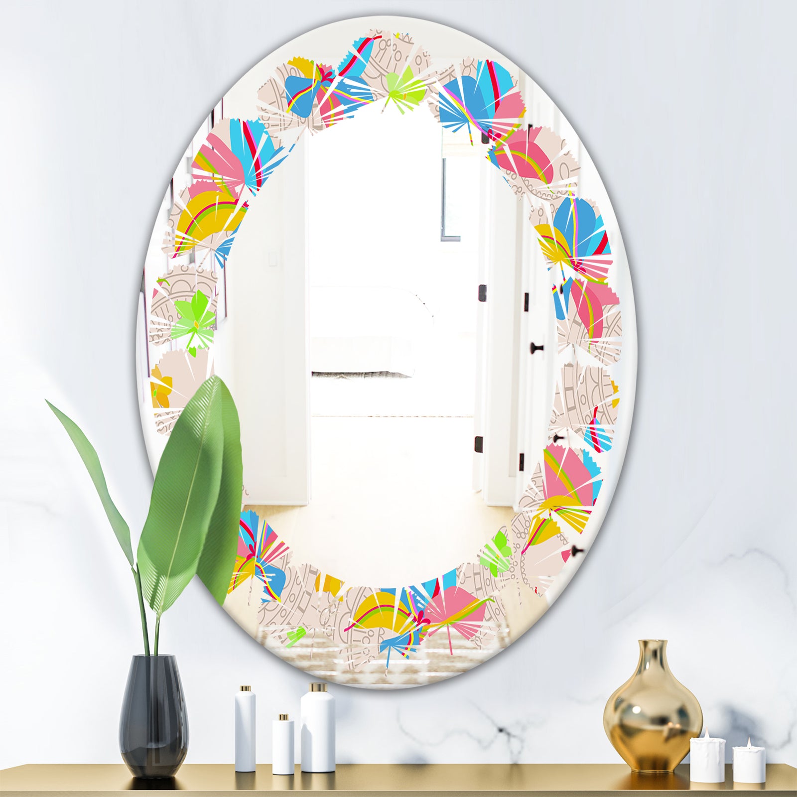 Retro Pink Yellow Flowers - Modern Round or Oval Wall Mirror - Leaves