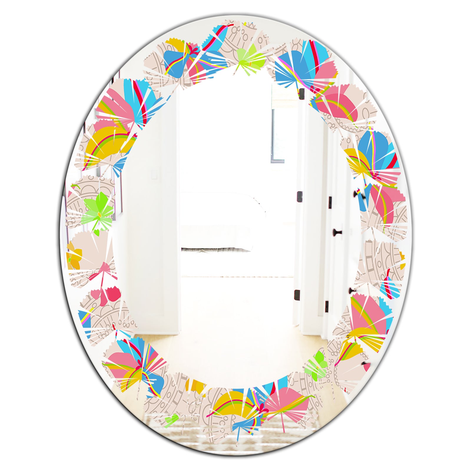 Retro Pink Yellow Flowers - Modern Round or Oval Wall Mirror - Leaves