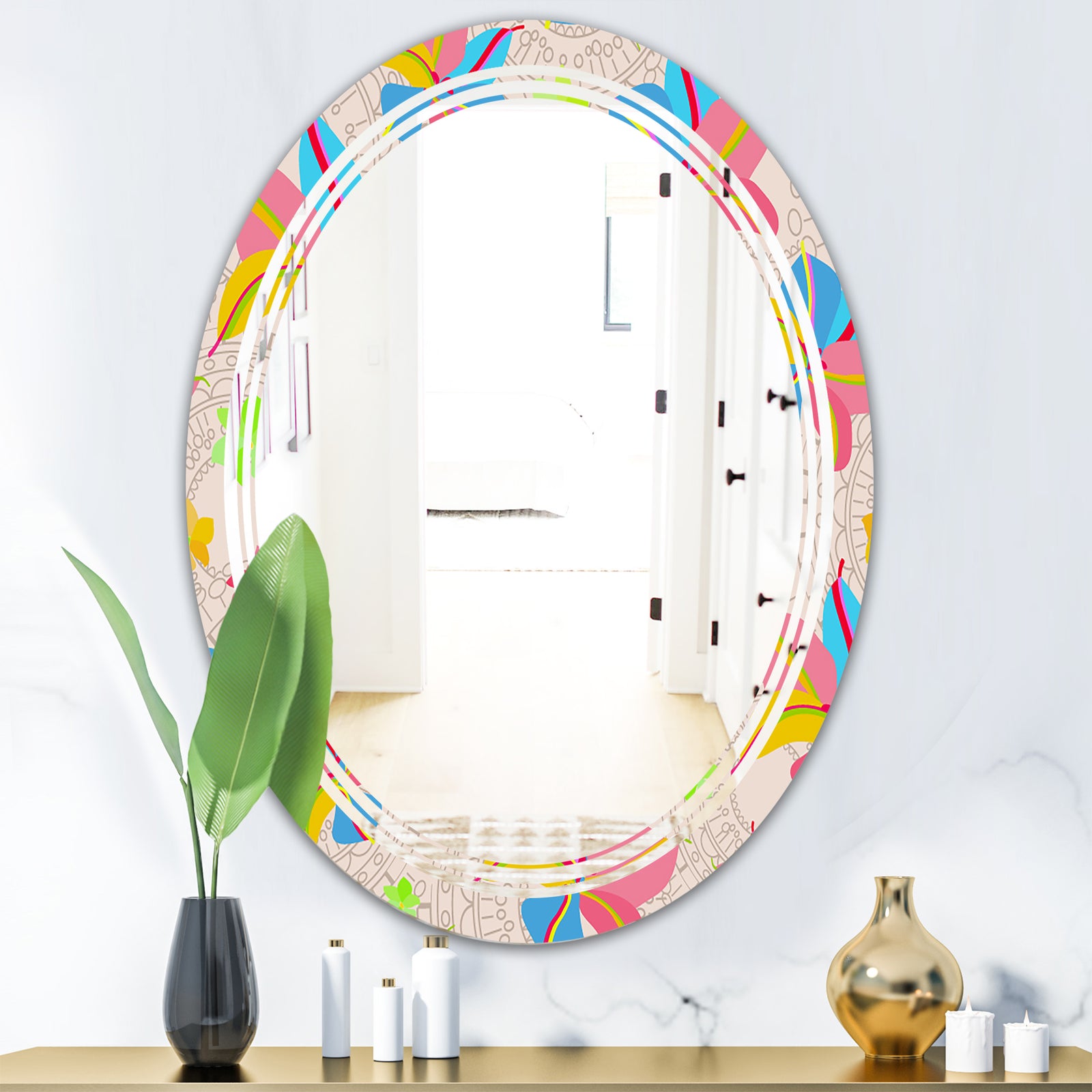 Retro Pink Yellow Flowers - Modern Round or Oval Wall Mirror - Triple C