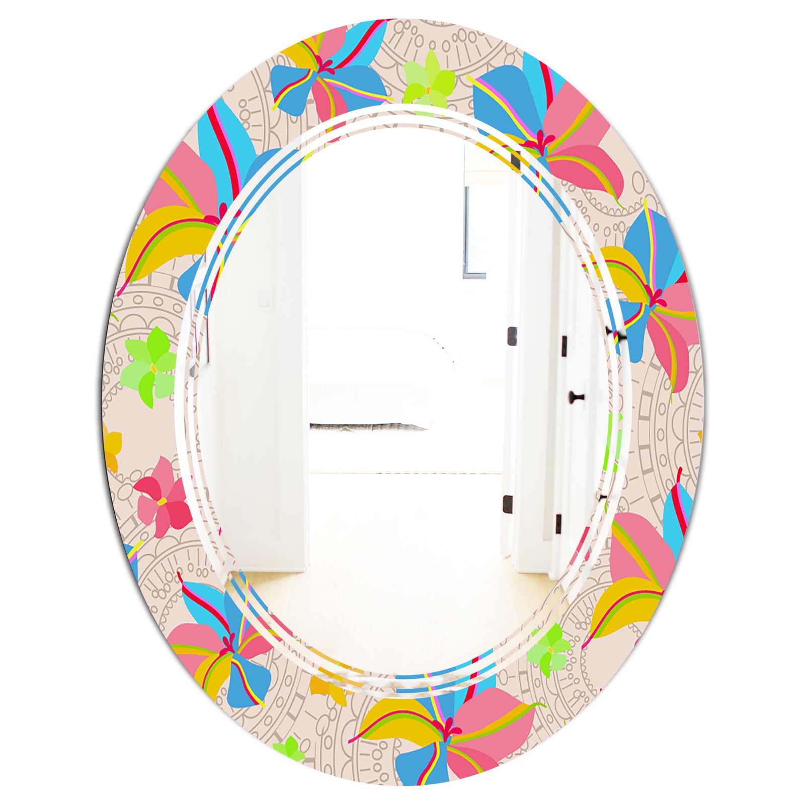 Retro Pink Yellow Flowers - Modern Round or Oval Wall Mirror - Triple C