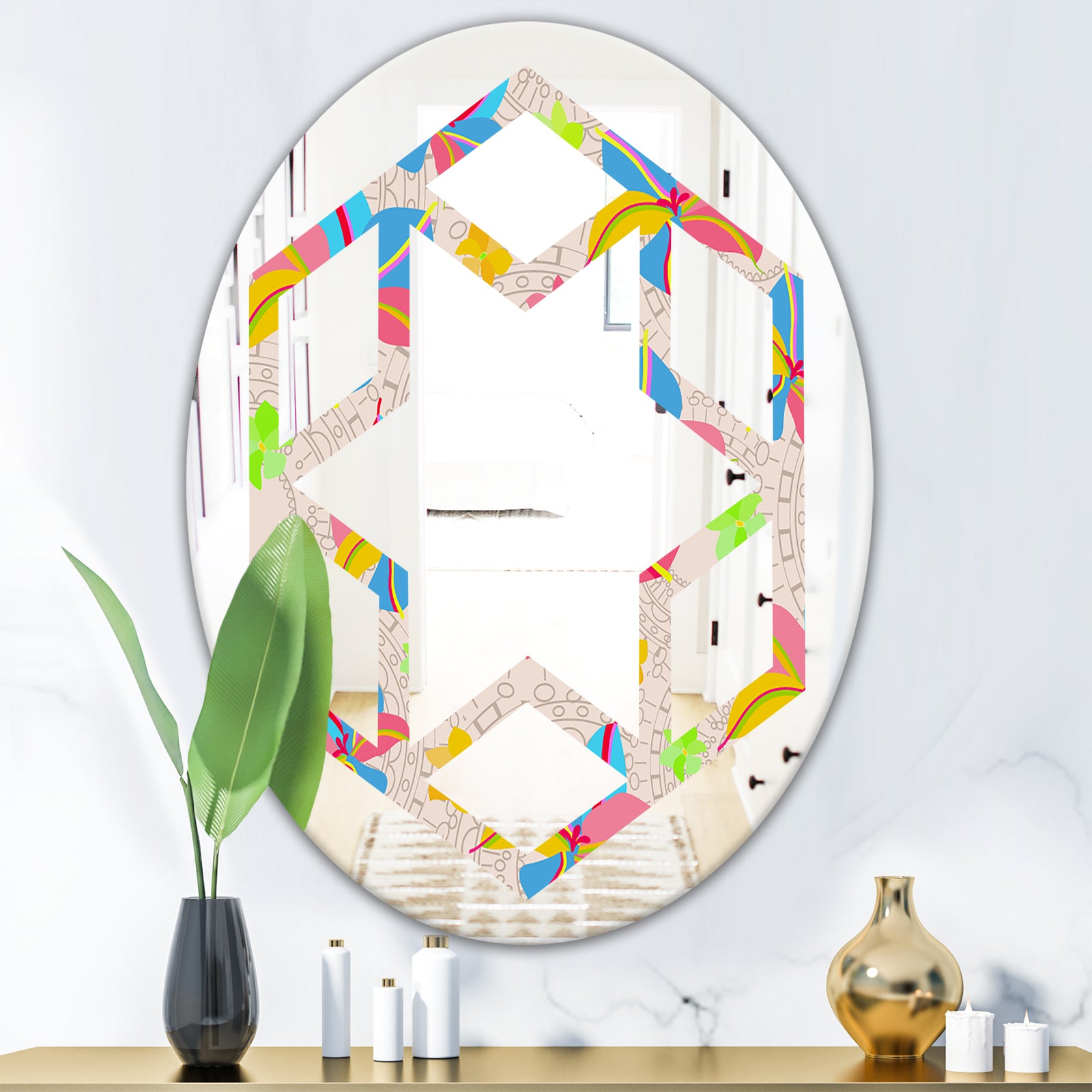 Retro Pink Yellow Flowers - Modern Round or Oval Wall Mirror - Hexagon Star