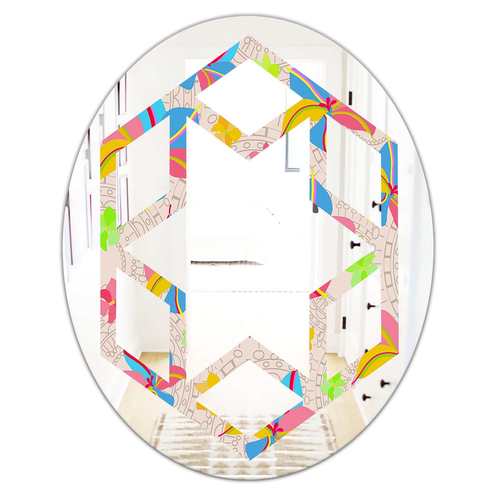 Retro Pink Yellow Flowers - Modern Round or Oval Wall Mirror - Hexagon Star