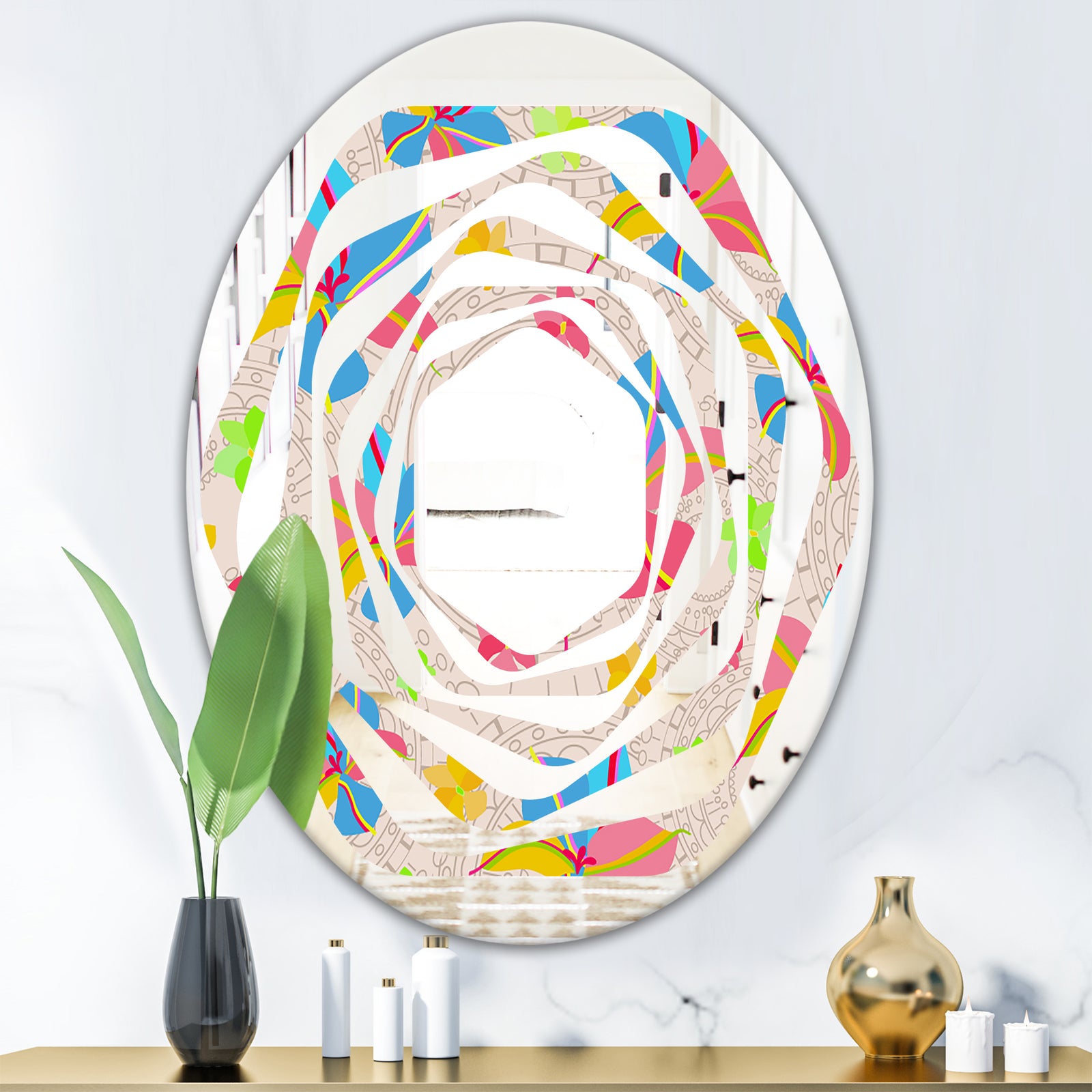 Retro Pink Yellow Flowers - Modern Round or Oval Wall Mirror - Whirl