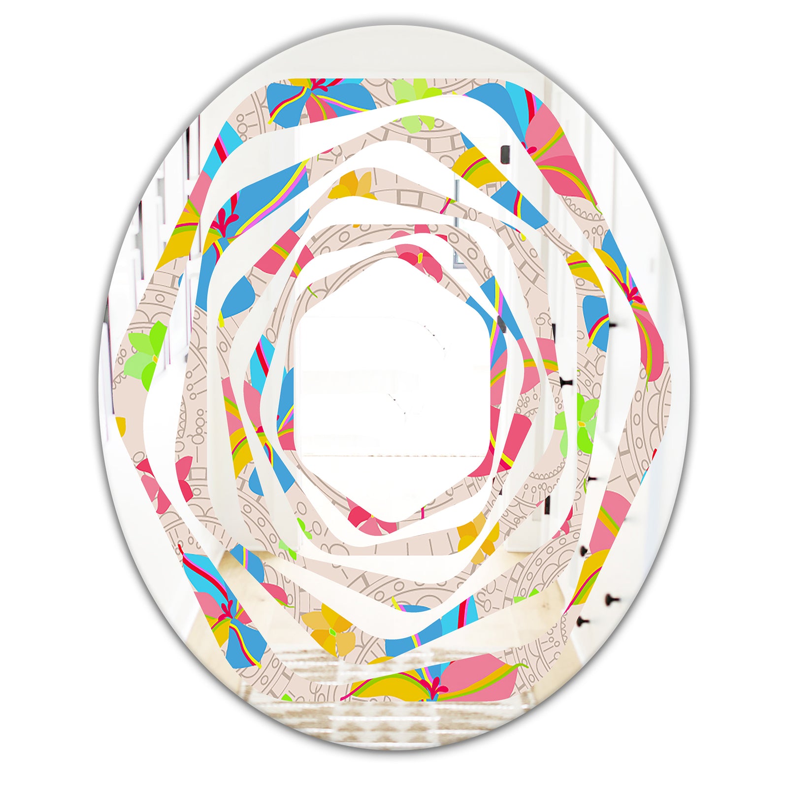 Retro Pink Yellow Flowers - Modern Round or Oval Wall Mirror - Whirl