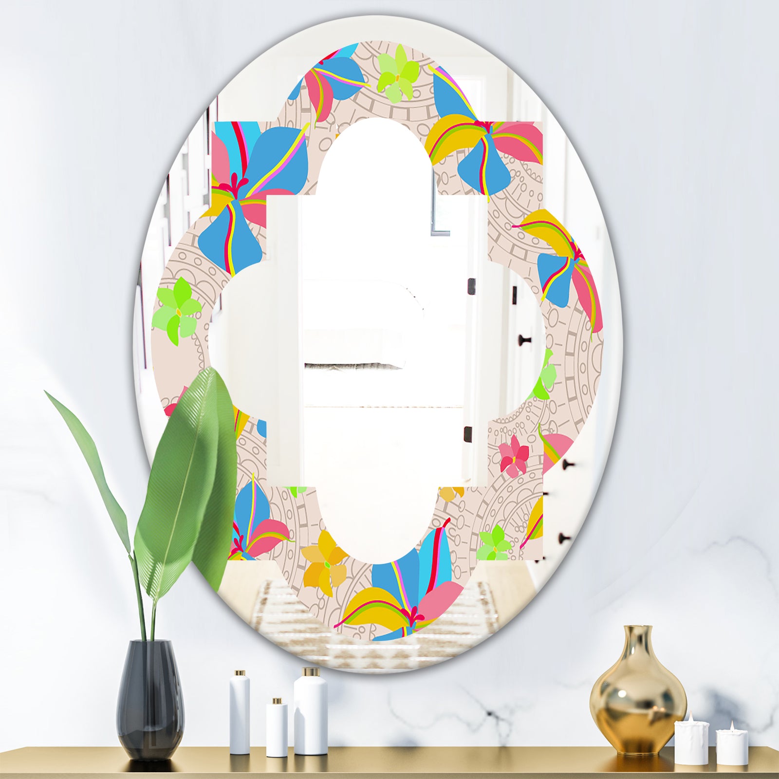 Retro Pink Yellow Flowers - Modern Round or Oval Wall Mirror - Quatrefoil