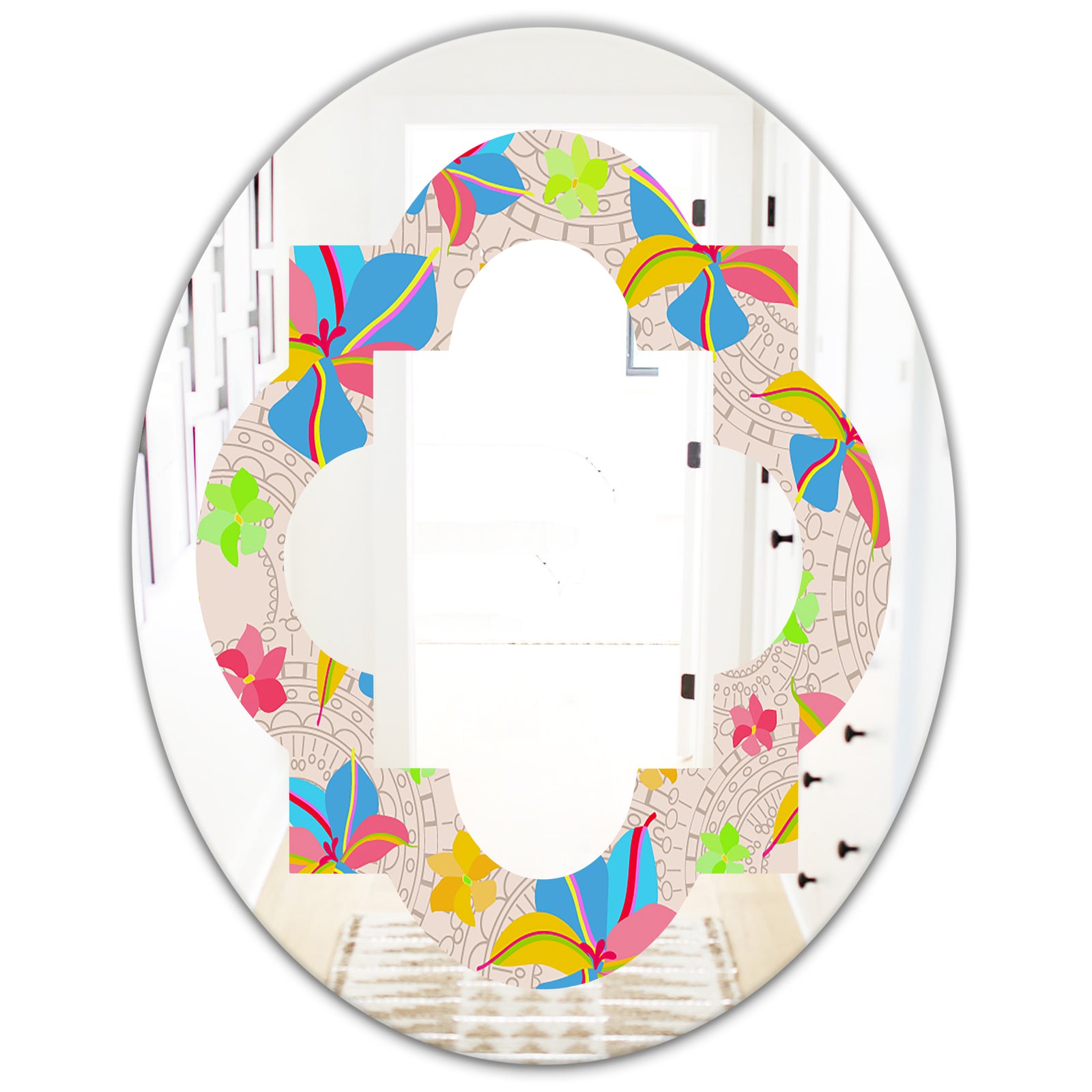 Retro Pink Yellow Flowers - Modern Round or Oval Wall Mirror - Quatrefoil