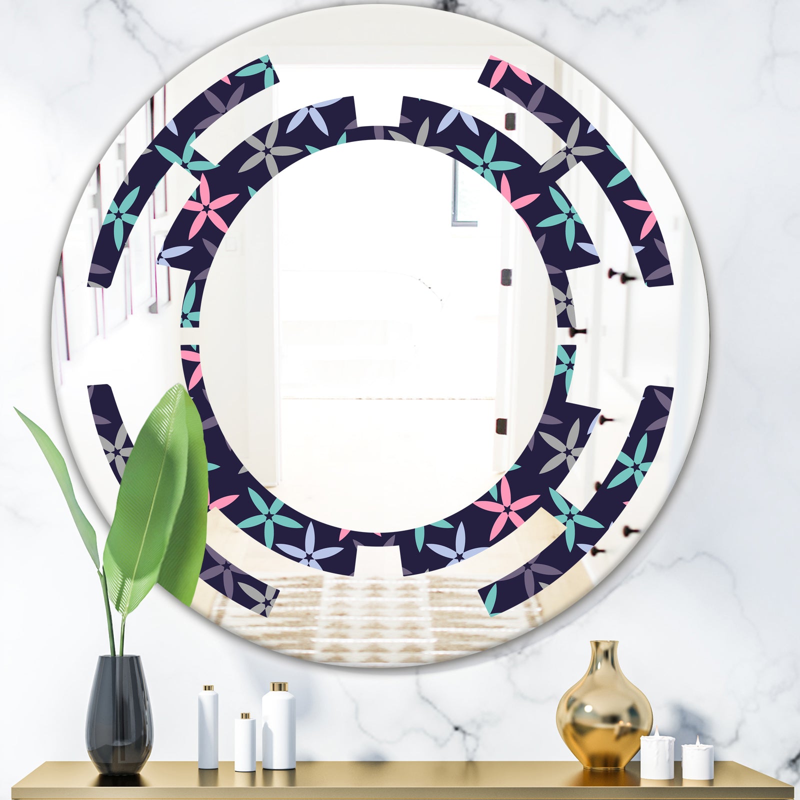 Retro Abstract Flower Design V - Modern Round or Oval Wall Mirror - Space