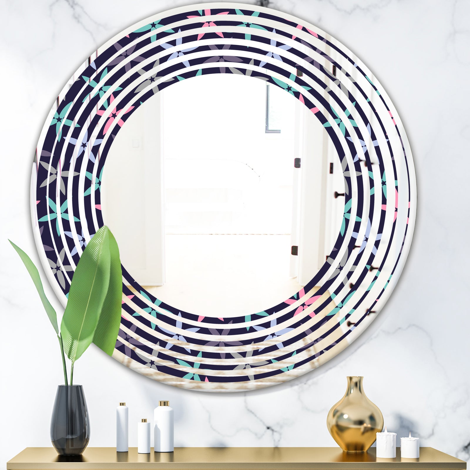 Retro Abstract Flower Design V - Modern Round or Oval Wall Mirror - Wave