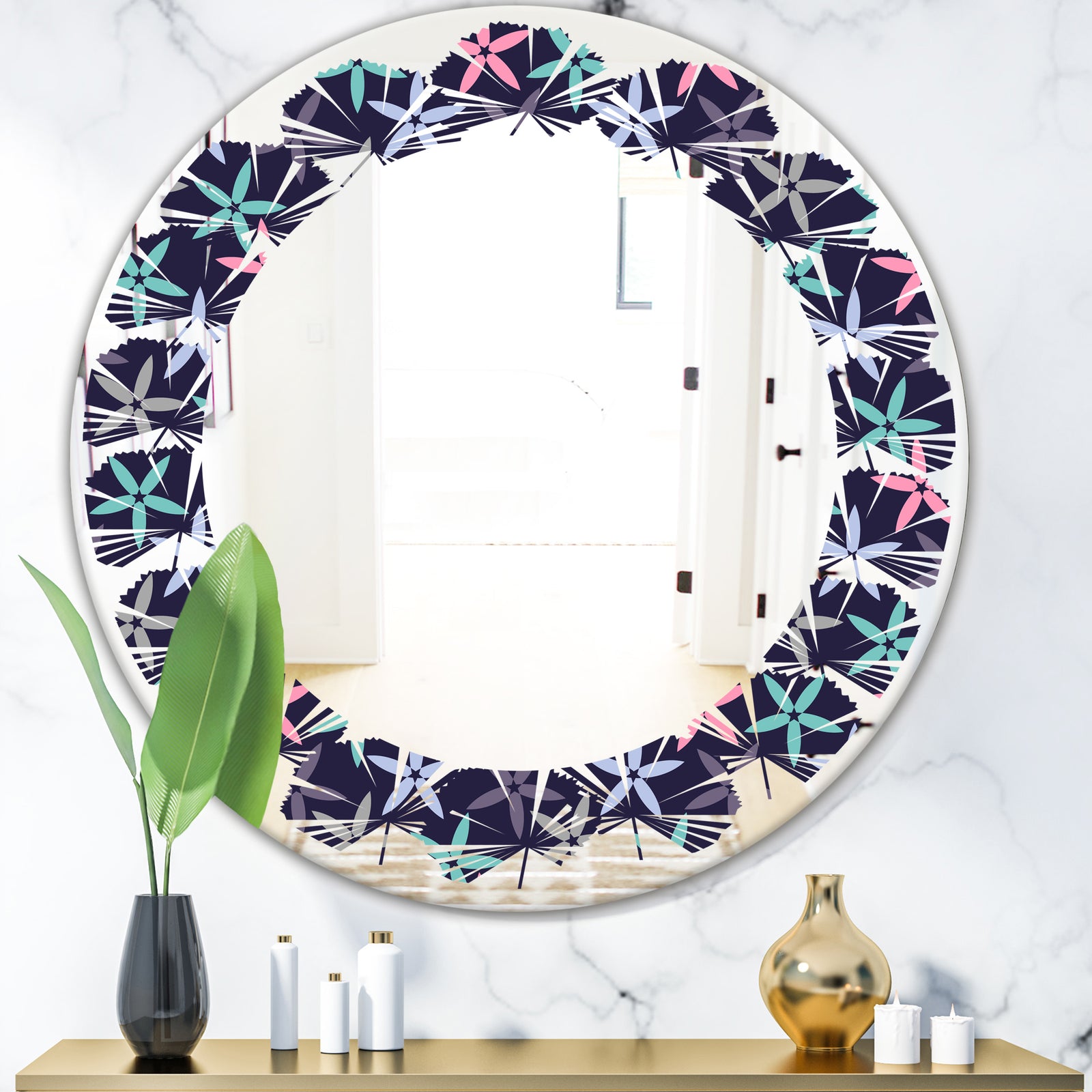 Retro Abstract Flower Design V - Modern Round or Oval Wall Mirror - Leaves