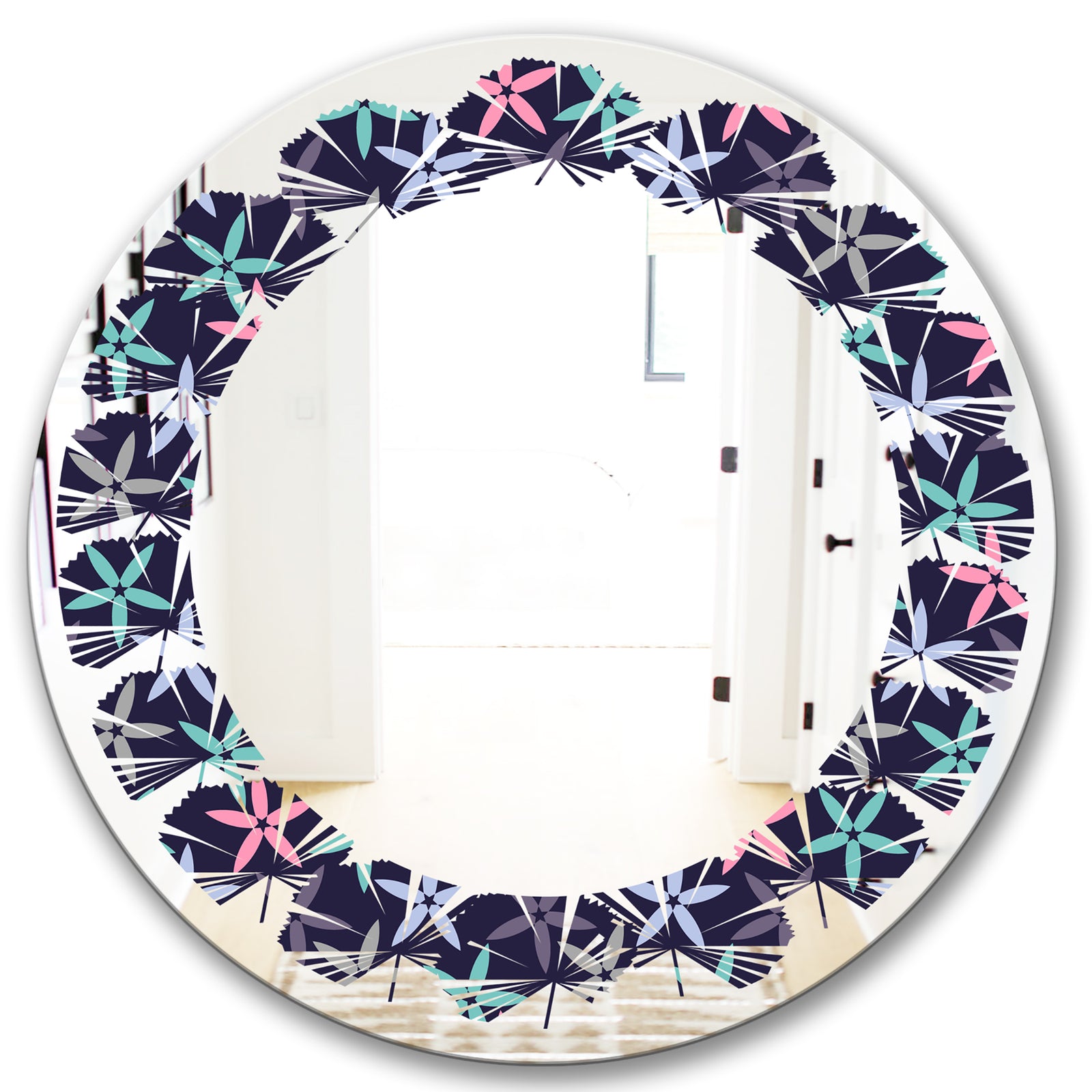 Retro Abstract Flower Design V - Modern Round or Oval Wall Mirror - Leaves