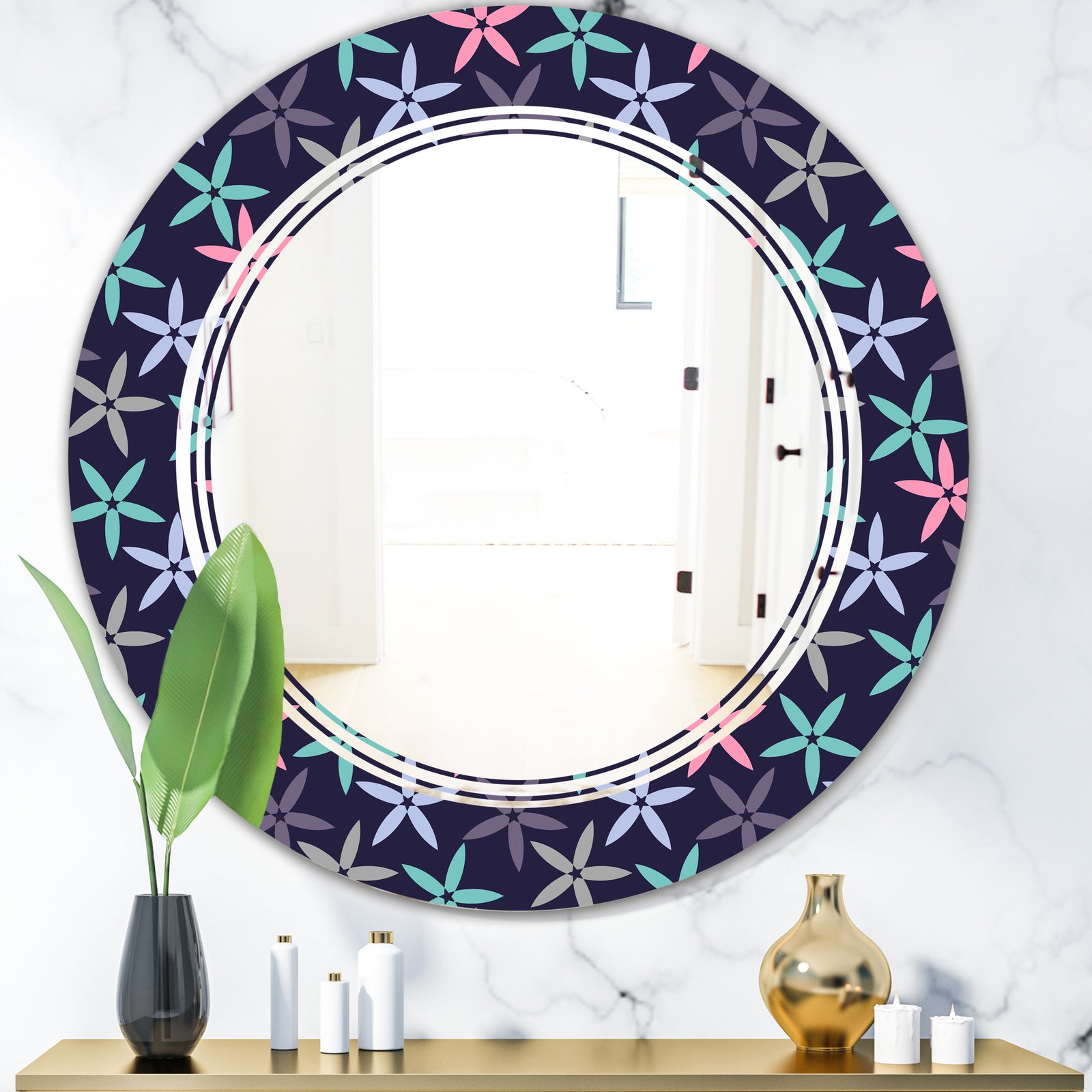 Retro Abstract Flower Design V - Modern Round or Oval Wall Mirror - Triple C