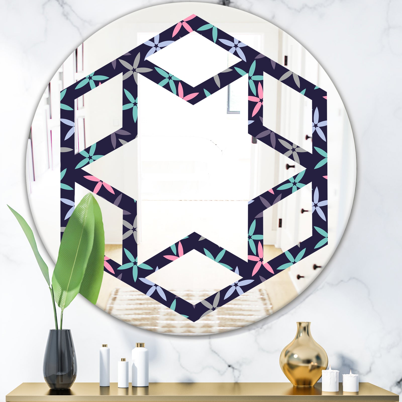 Retro Abstract Flower Design V - Modern Round or Oval Wall Mirror - Hexagon Star