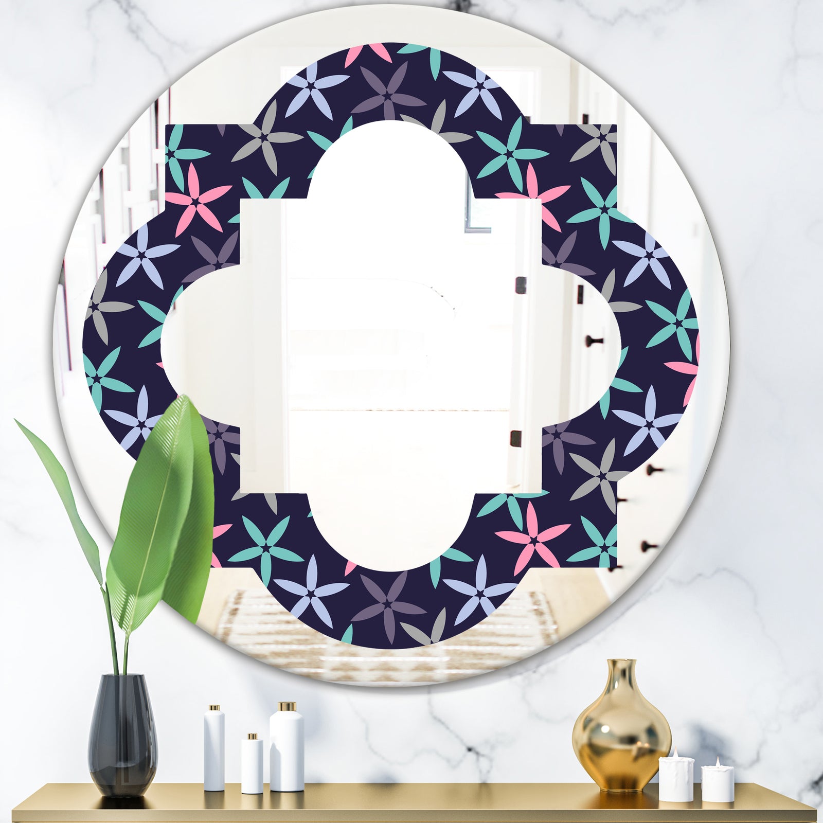 Retro Abstract Flower Design V - Modern Round or Oval Wall Mirror - Quatrefoil