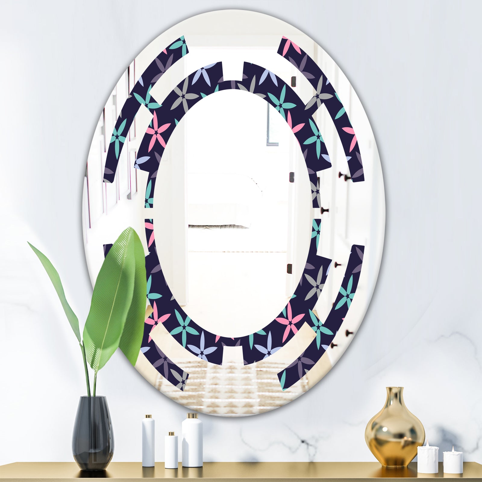 Retro Abstract Flower Design V - Modern Round or Oval Wall Mirror - Space