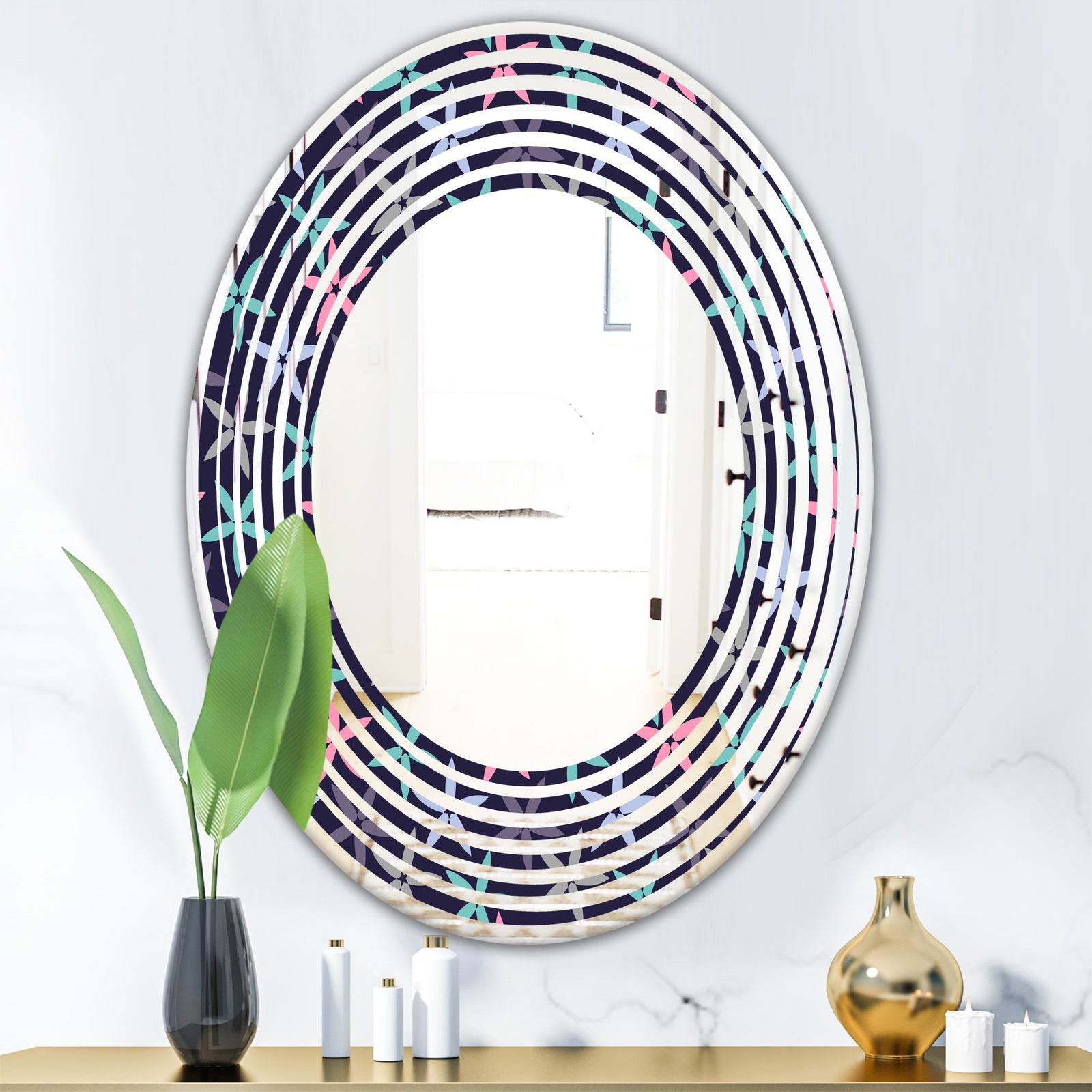 Retro Abstract Flower Design V - Modern Round or Oval Wall Mirror - Wave