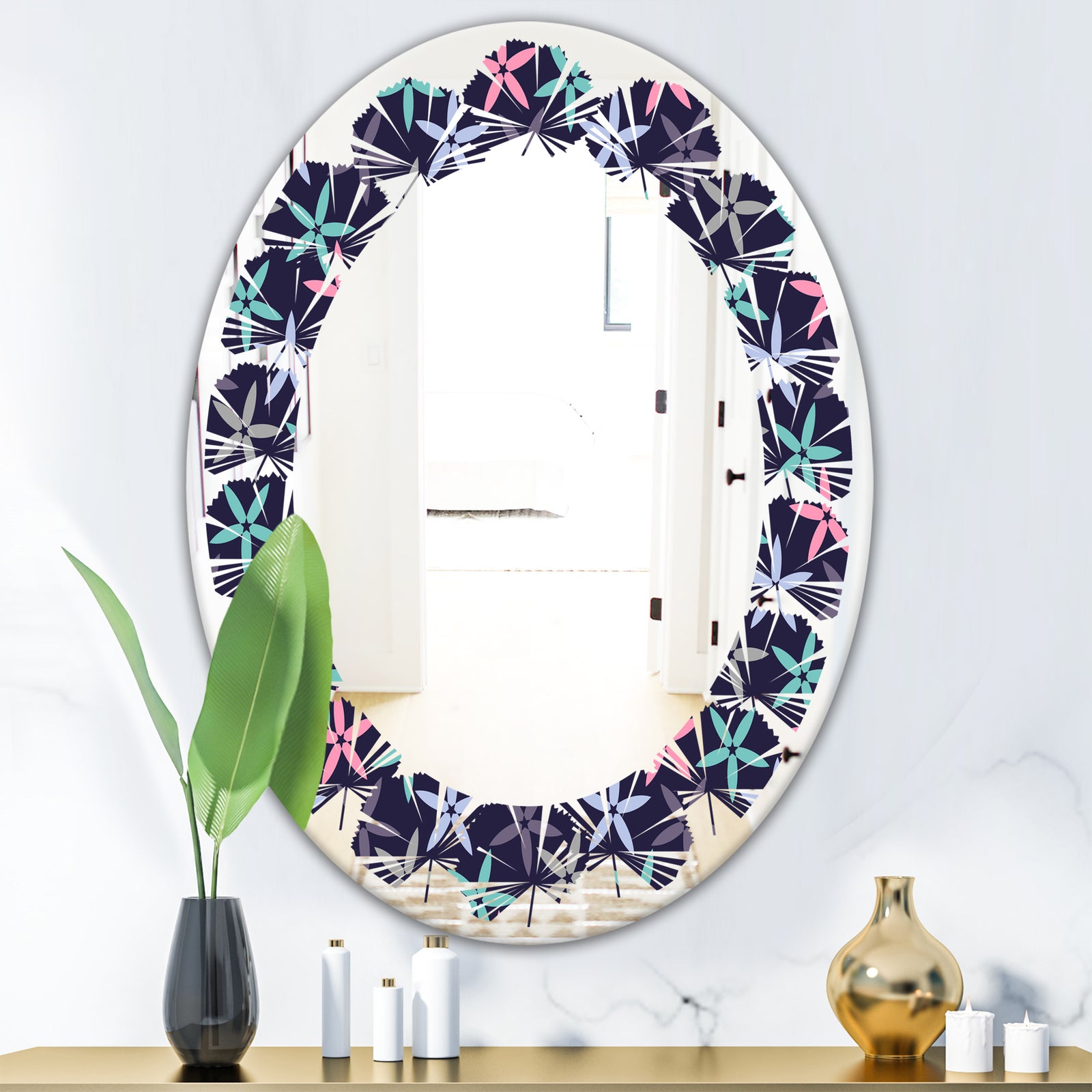Retro Abstract Flower Design V - Modern Round or Oval Wall Mirror - Leaves