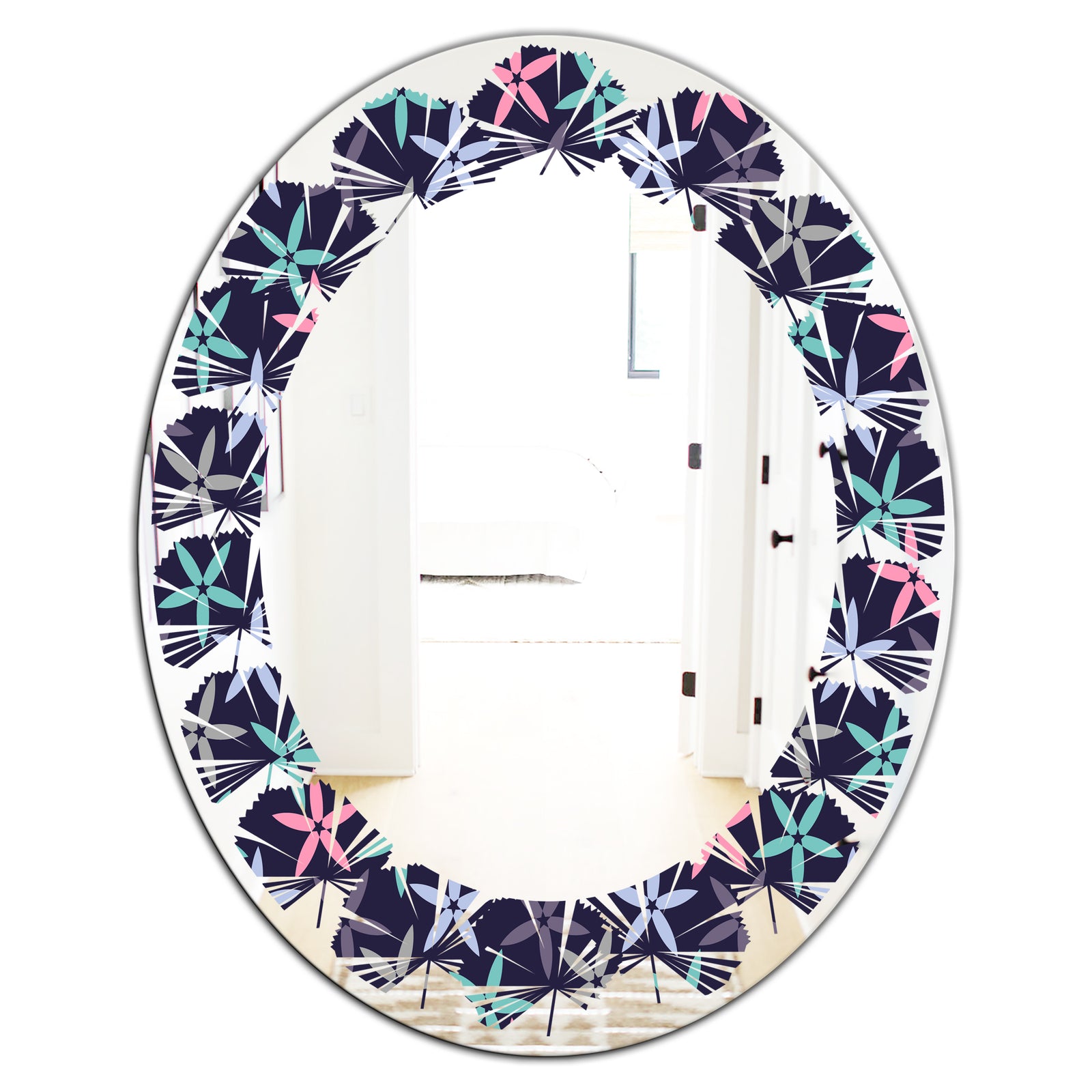 Retro Abstract Flower Design V - Modern Round or Oval Wall Mirror - Leaves