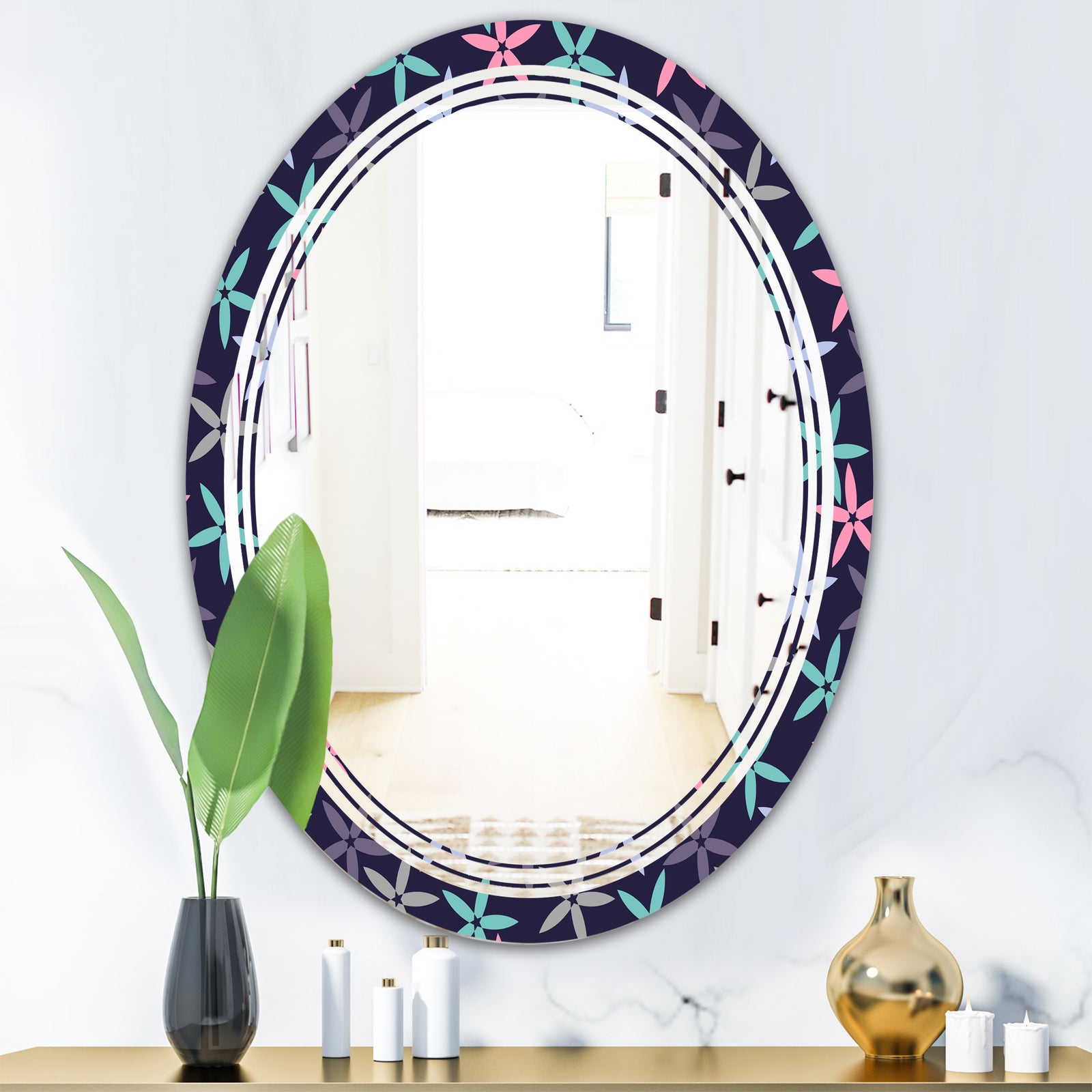 Retro Abstract Flower Design V - Modern Round or Oval Wall Mirror - Triple C