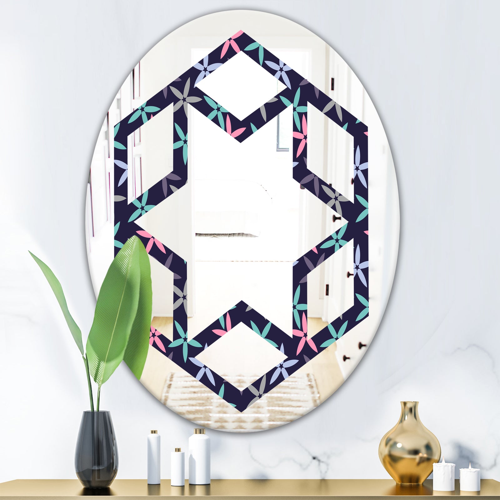 Retro Abstract Flower Design V - Modern Round or Oval Wall Mirror - Hexagon Star