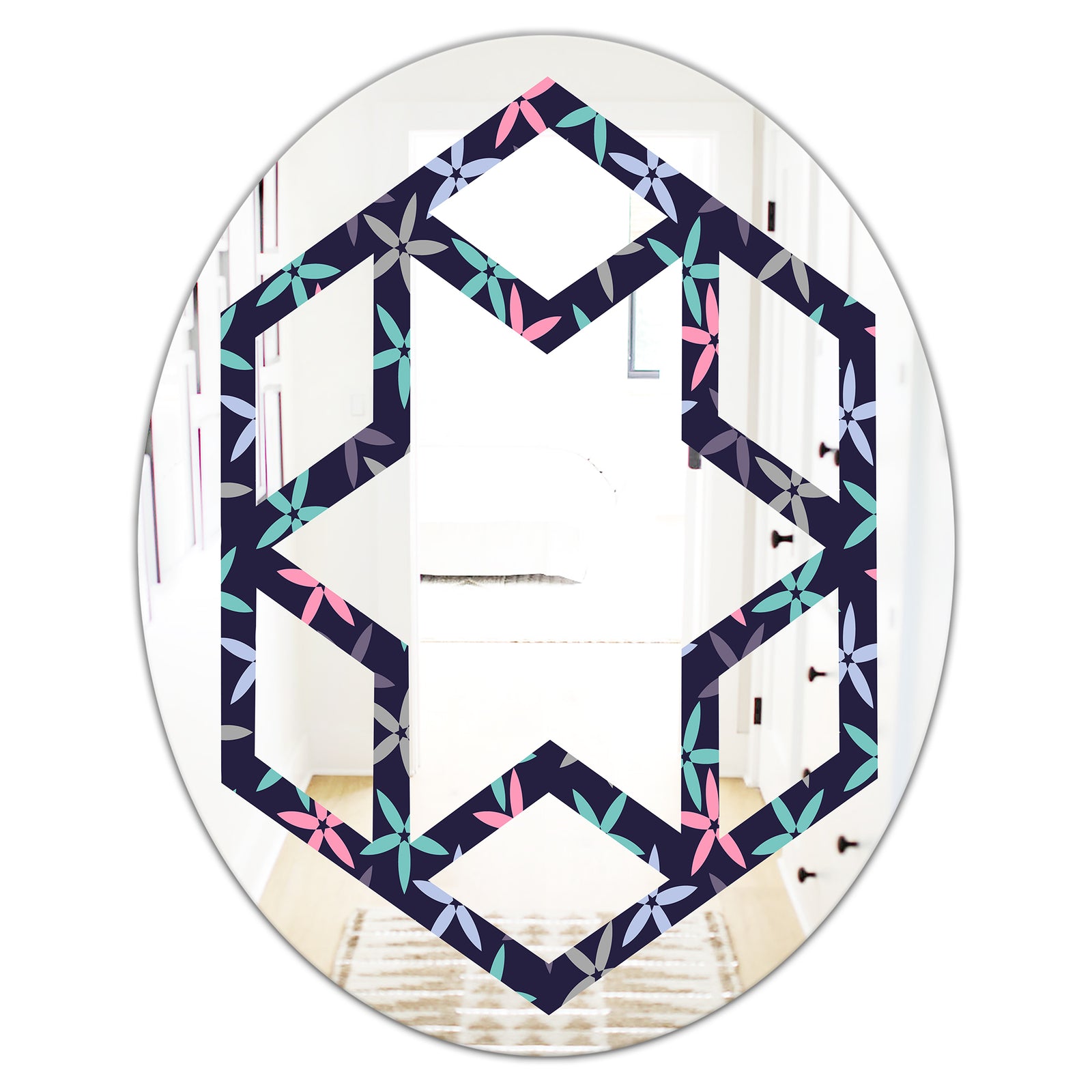 Retro Abstract Flower Design V - Modern Round or Oval Wall Mirror - Hexagon Star