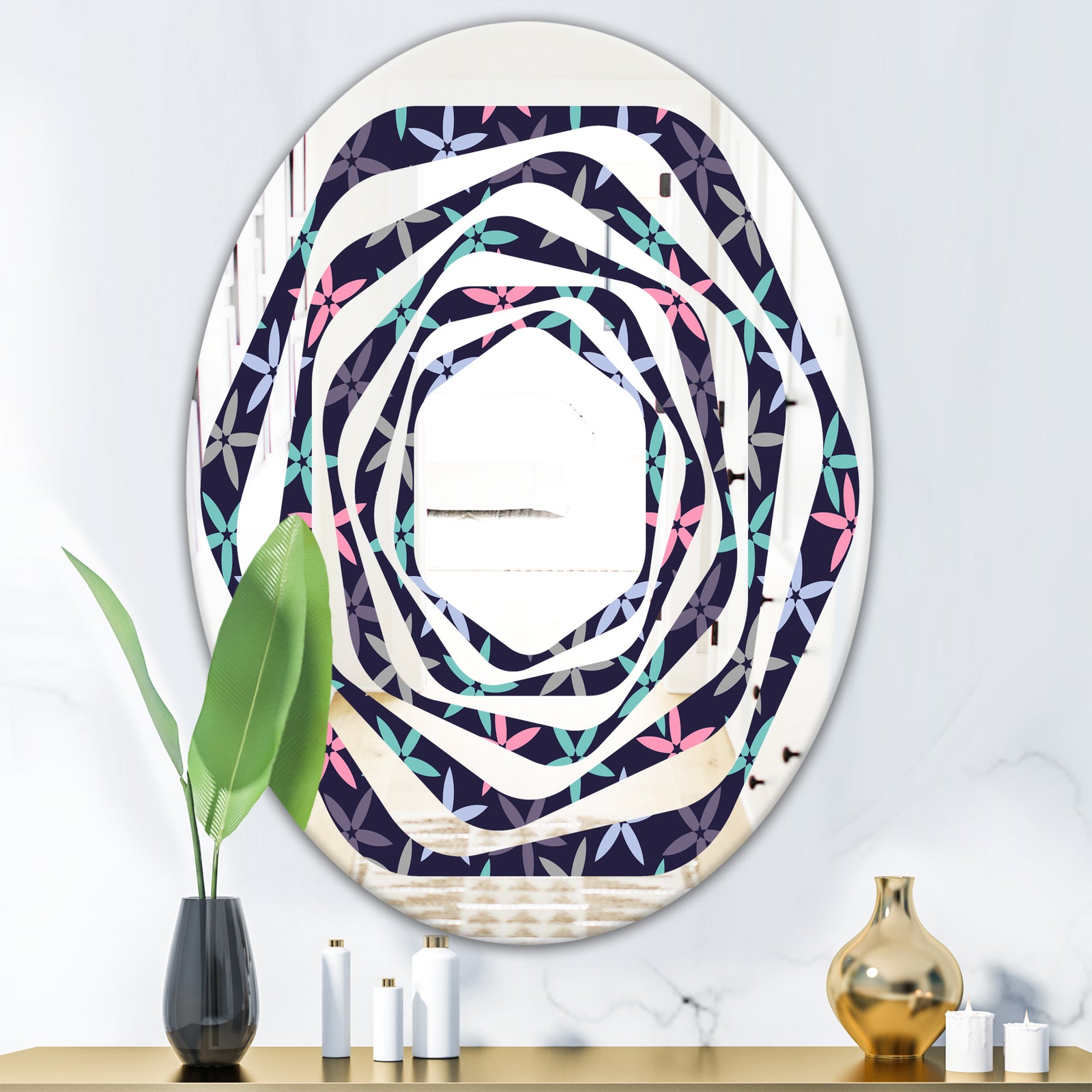 Retro Abstract Flower Design V - Modern Round or Oval Wall Mirror - Whirl