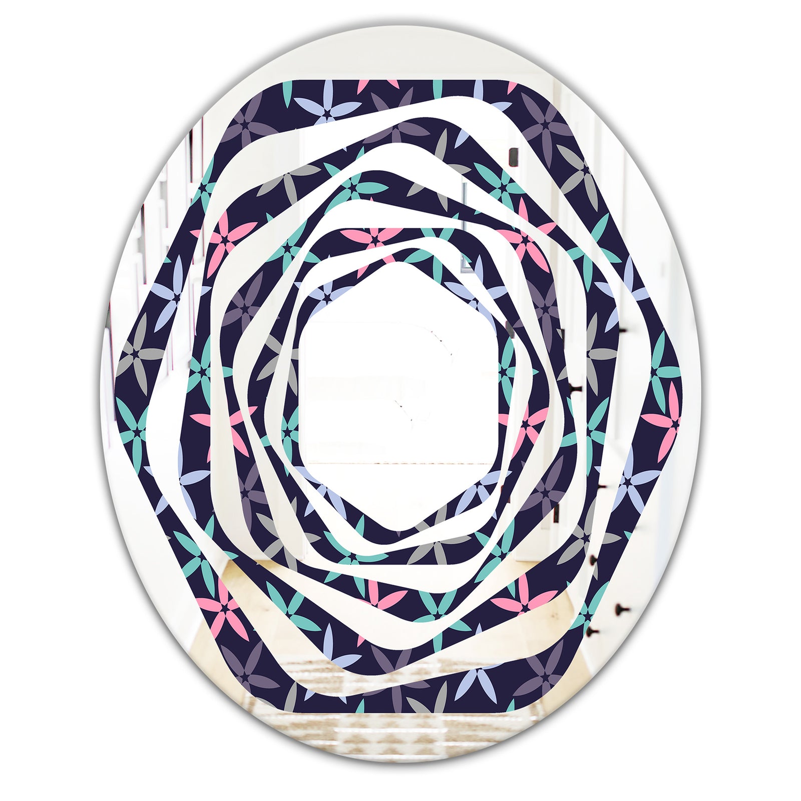 Retro Abstract Flower Design V - Modern Round or Oval Wall Mirror - Whirl