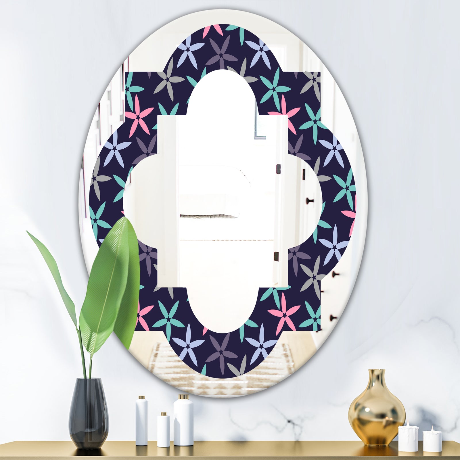 Retro Abstract Flower Design V - Modern Round or Oval Wall Mirror - Quatrefoil