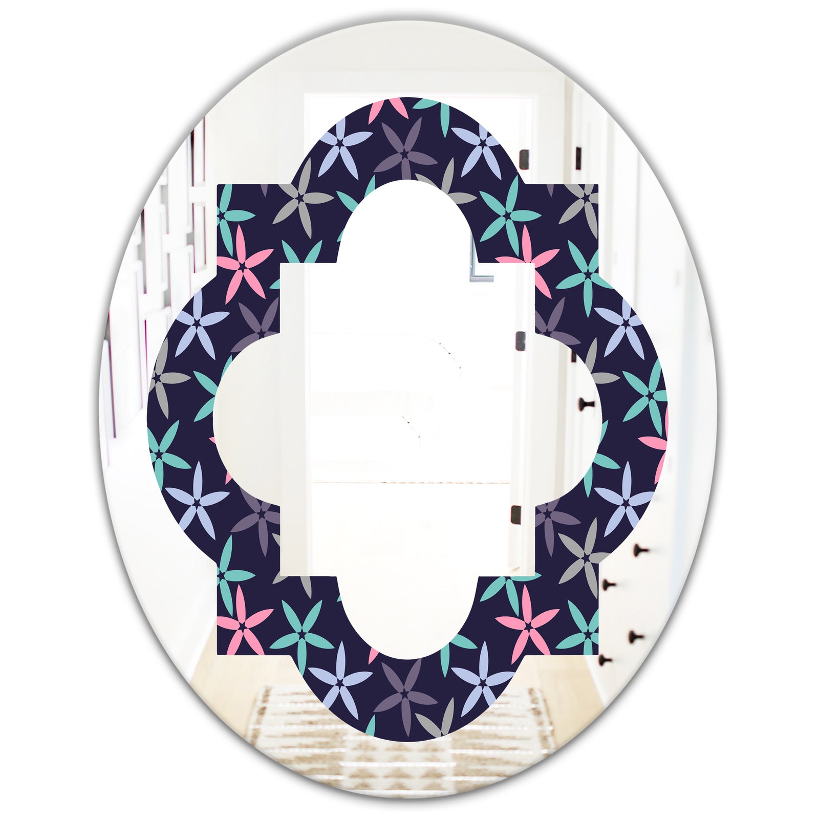 Retro Abstract Flower Design V - Modern Round or Oval Wall Mirror - Quatrefoil