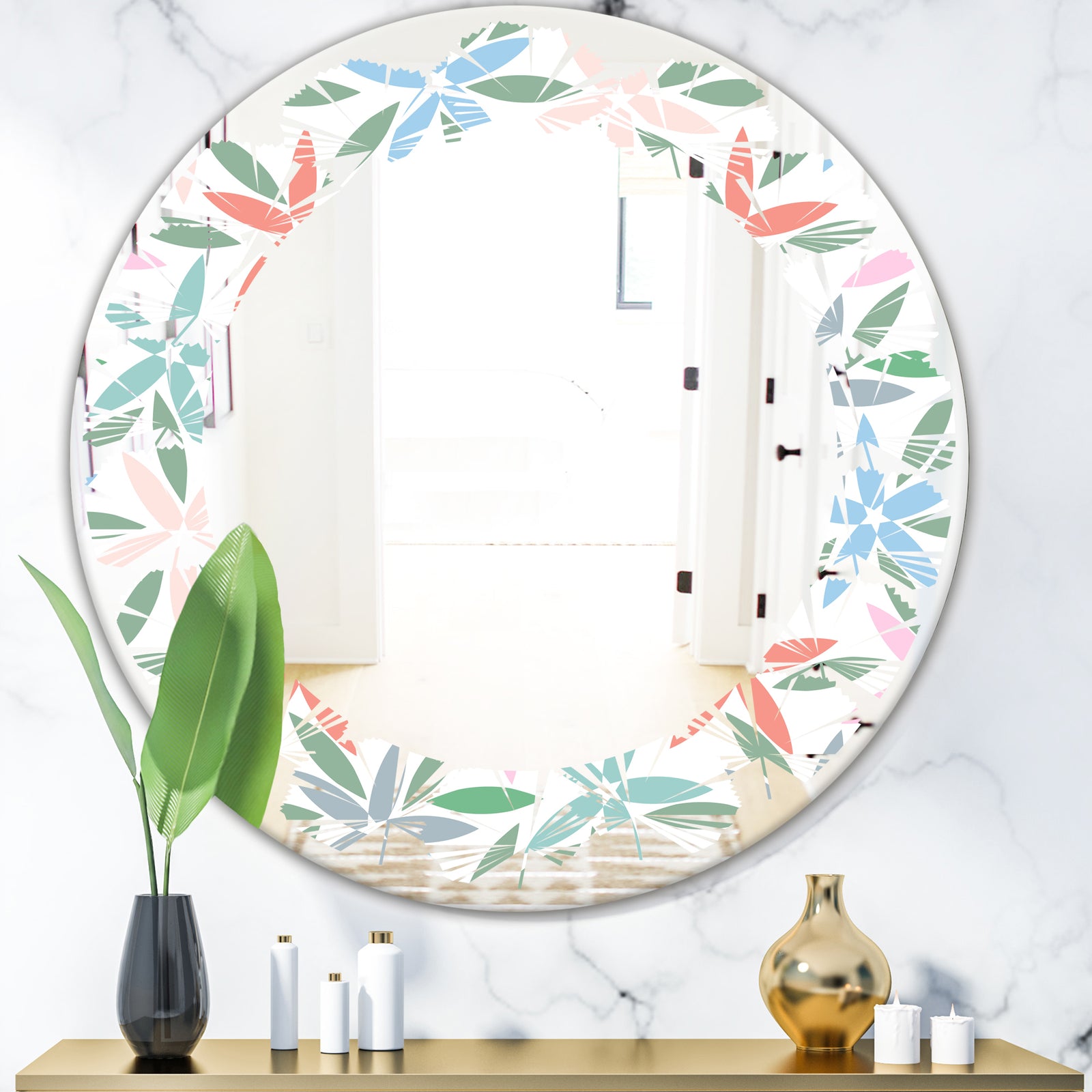 Retro Abstract Flower Design III - Modern Round or Oval Wall Mirror - Leaves