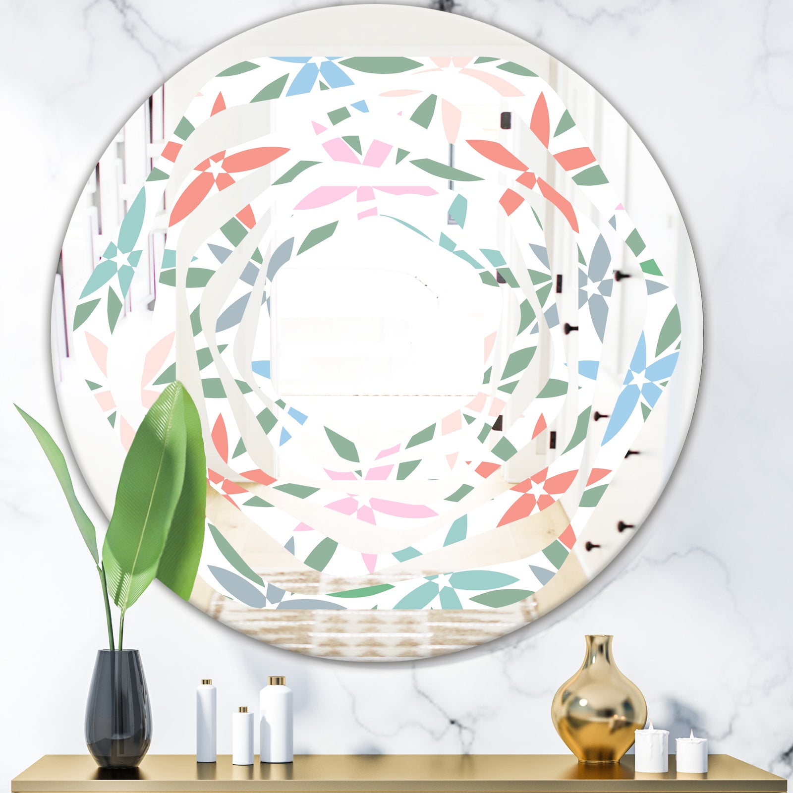Retro Abstract Flower Design III - Modern Round or Oval Wall Mirror - Whirl