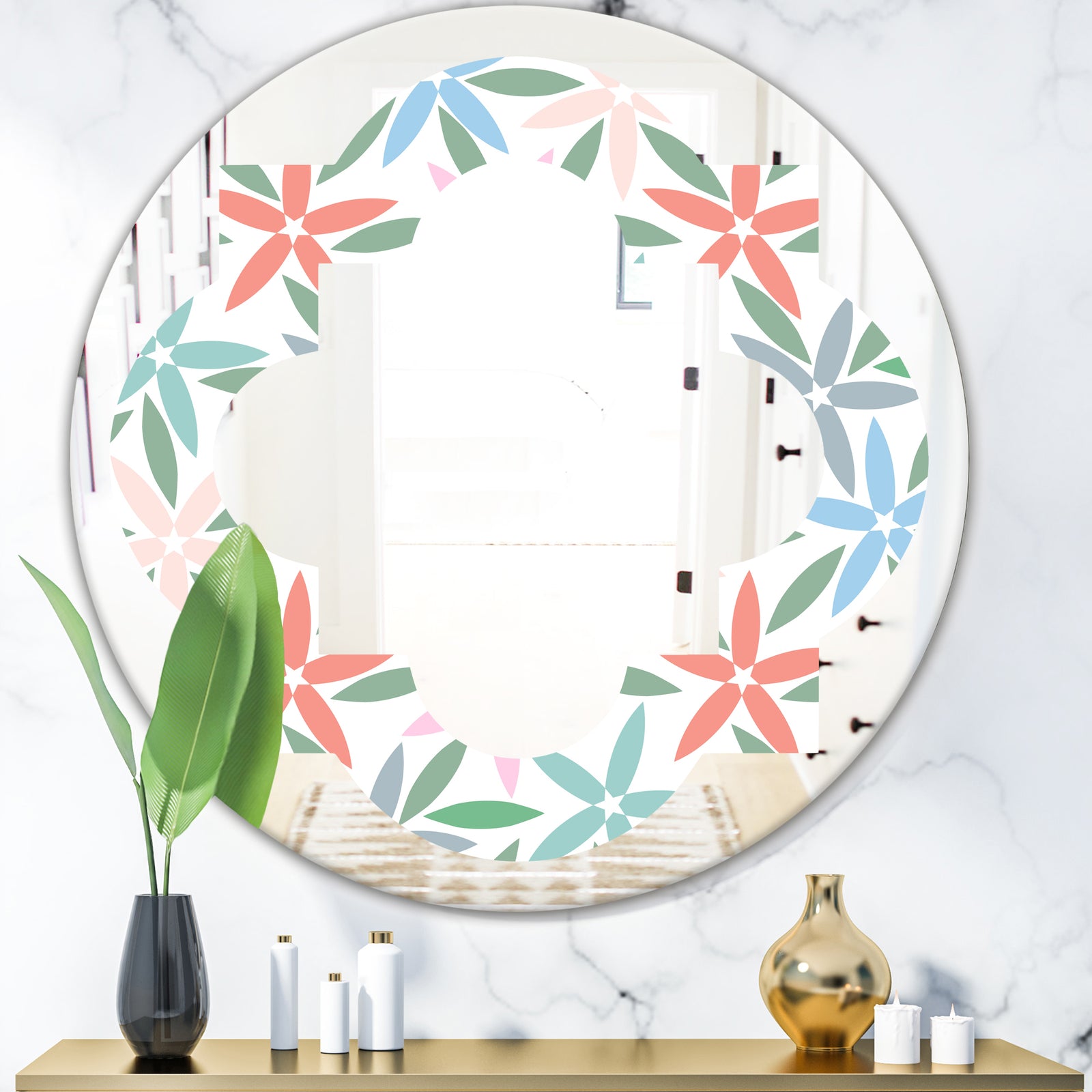 Retro Abstract Flower Design III - Modern Round or Oval Wall Mirror - Quatrefoil