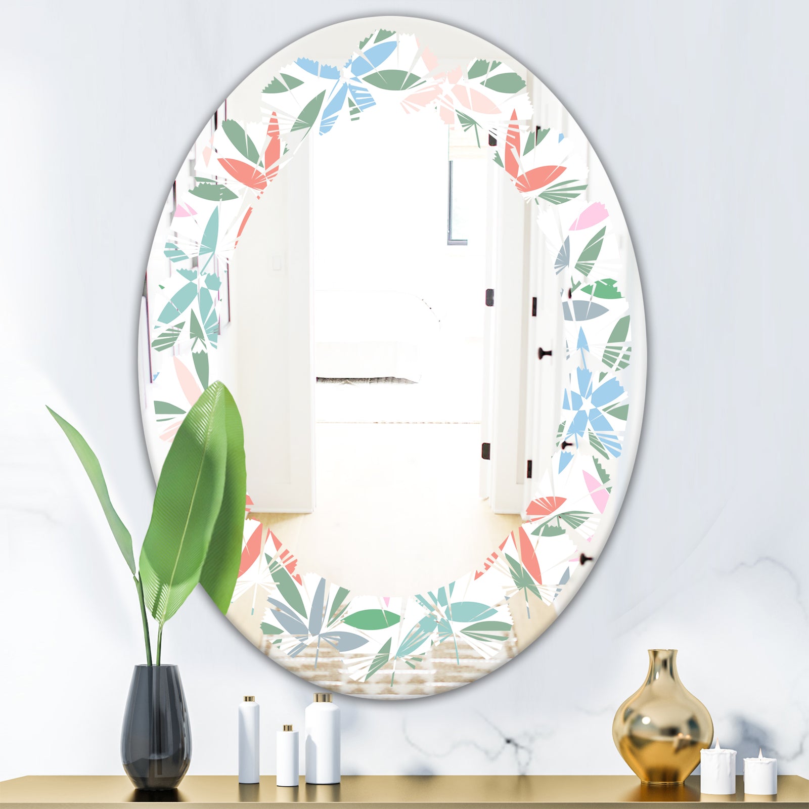 Retro Abstract Flower Design III - Modern Round or Oval Wall Mirror - Leaves