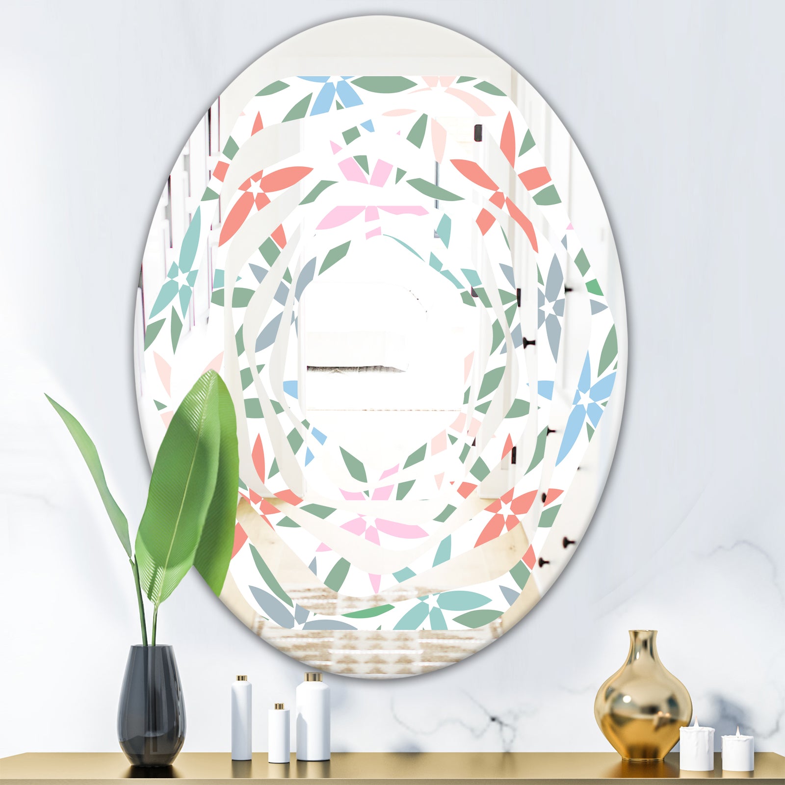 Retro Abstract Flower Design III - Modern Round or Oval Wall Mirror - Whirl